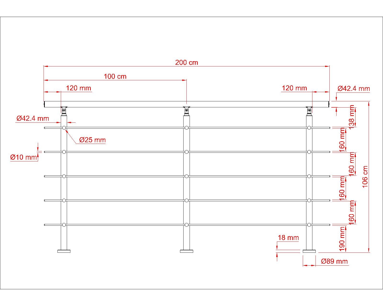 Garde-corps 200cm avec main courante, en acier inoxydable 201, pour intérieur et extérieur, garde-corps avec 5 traverses - 7
