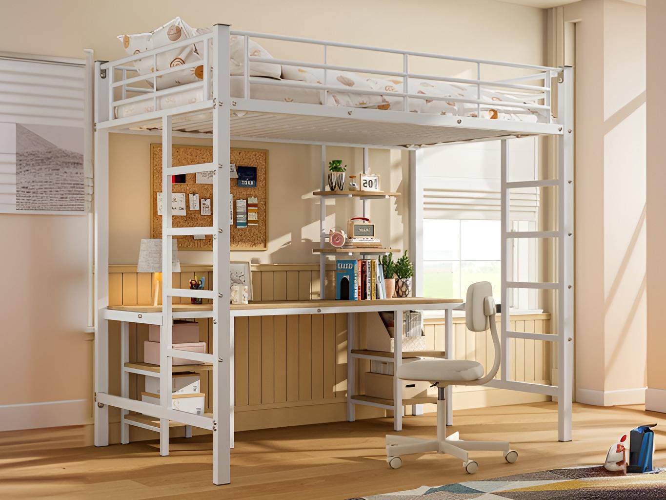 Łóżko antresola 90x200 cm - z biurkiem i półkami - żelazna rama - Biały