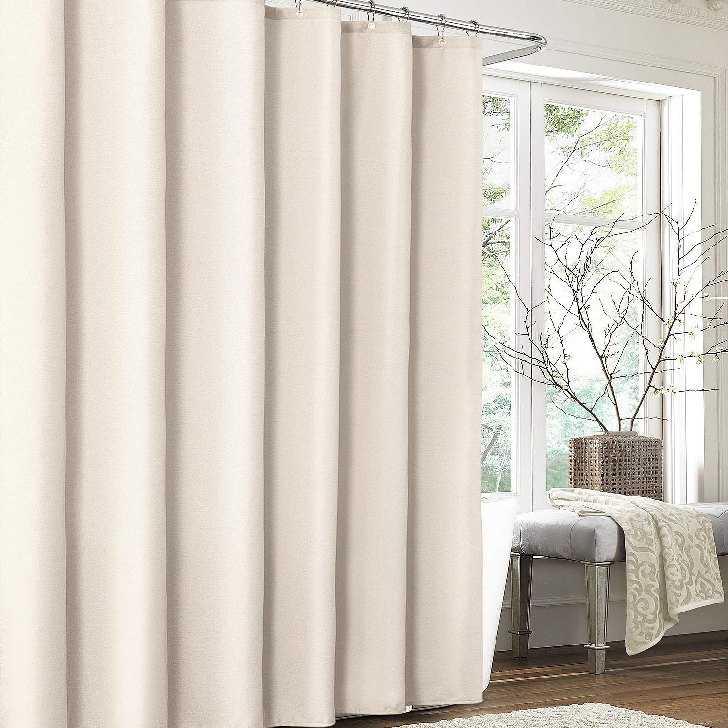 Tenda da doccia in lino con anelli in metallo, impermeabile e antimuffa, tessuto in poliestere resistente per vasca e doccia - 180 x 180 cm (beige) - 4