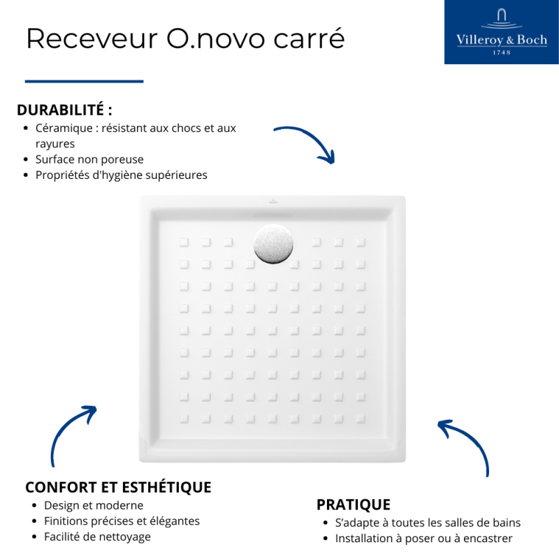 Receveur 100 x 100 VILLEROY ET BOCH O.Novo ceramique carré blanc - 4