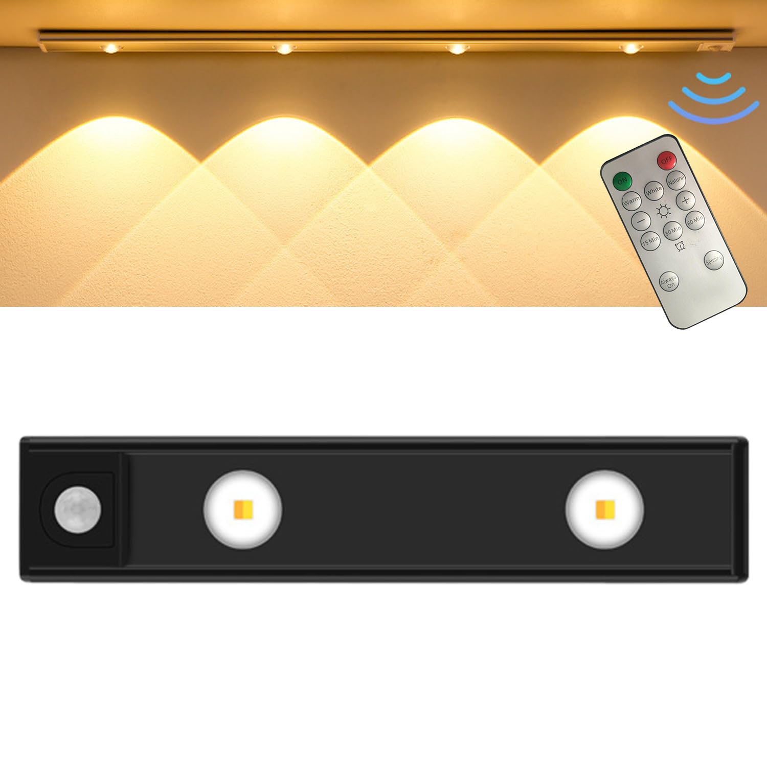 Trójkolorowe ściemnialne światło LED z czujnikiem ruchu i pilotem, lampa do szafki kuchennej ładowana przez USB, czarna, 20 cm