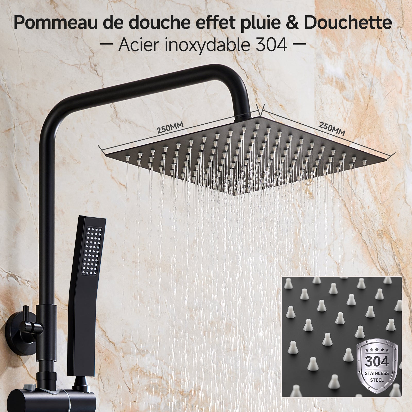 Auralum Max Colonne Douche Sans Mitigeur Noire,Tête Carrée 25×25 cm,Hauteur Réglable 72-110cm,Douchette Main,Étagère Sans Perçage/Flexible 1,5 m - 2