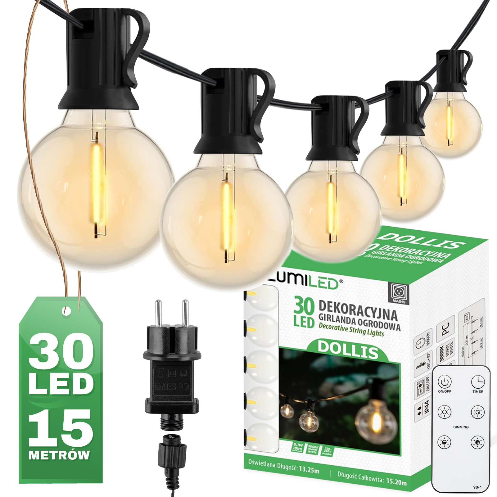 Girlanda Ogrodowa Lumiled Zewnętrzna Łańcuch Świetlny 15.2m 30x LED Ozdobne Kuleczki 3000K Ciepła biel z Pilotem 1 szt.