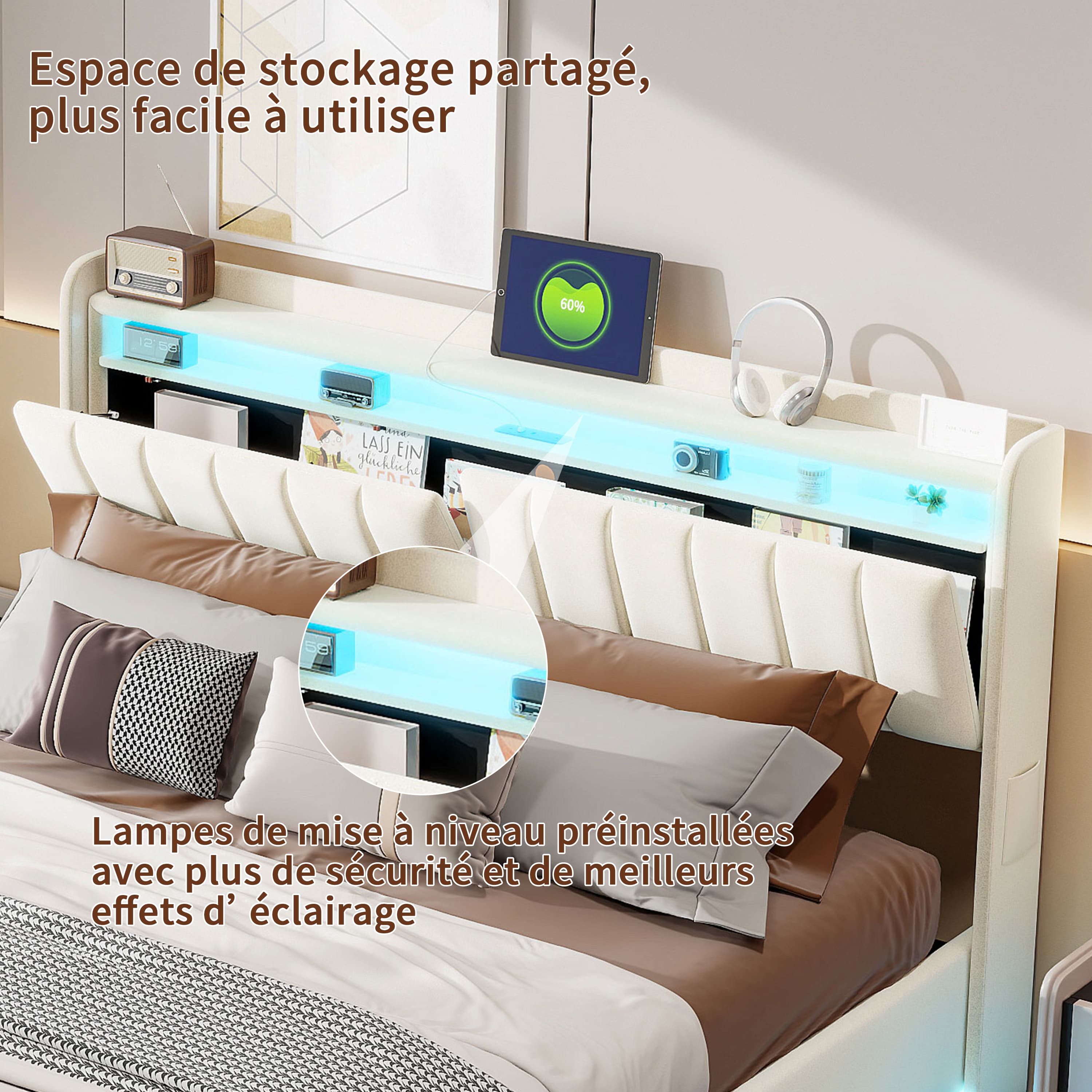 Lit coffre 160x200cm avec LED et ports USB, lit double avec espace de rangement et tête de lit, cadre de lit rembourré à lattes, velours, beige - 8