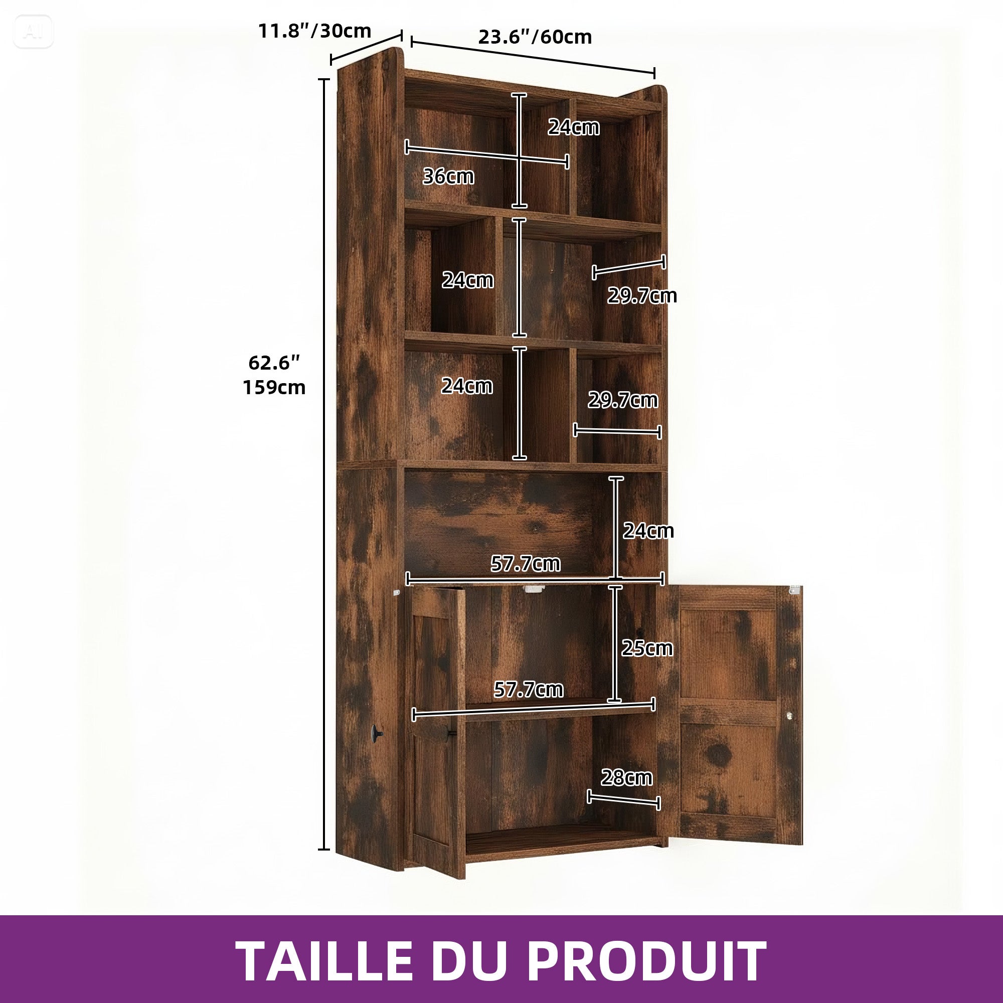Balconera Bibliothèque à 4 étagères - avec portes et placards - avec compartiments ouverts - marron rustique - 60 x 30 x 159 cm - 2