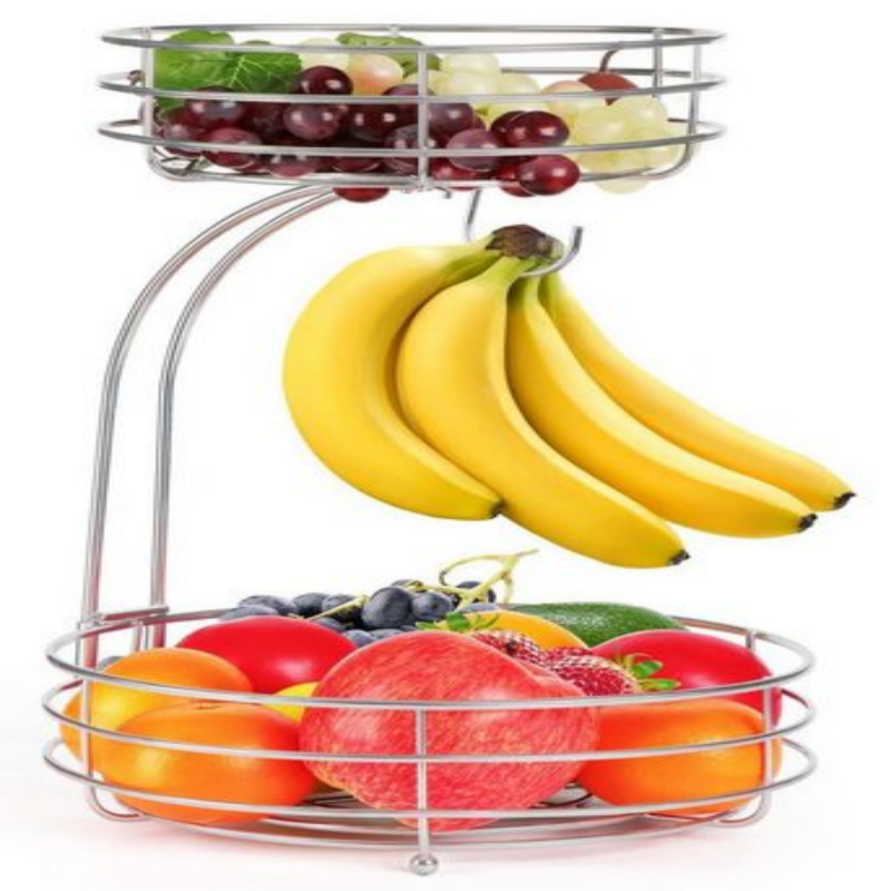 Półka kuchenna z kutego żelaza w kolorze srebrnym, dwupoziomowa, kosz na owoce i warzywa, wysokość całkowita 42,5 cm, na owoce, warzywa i przekąski