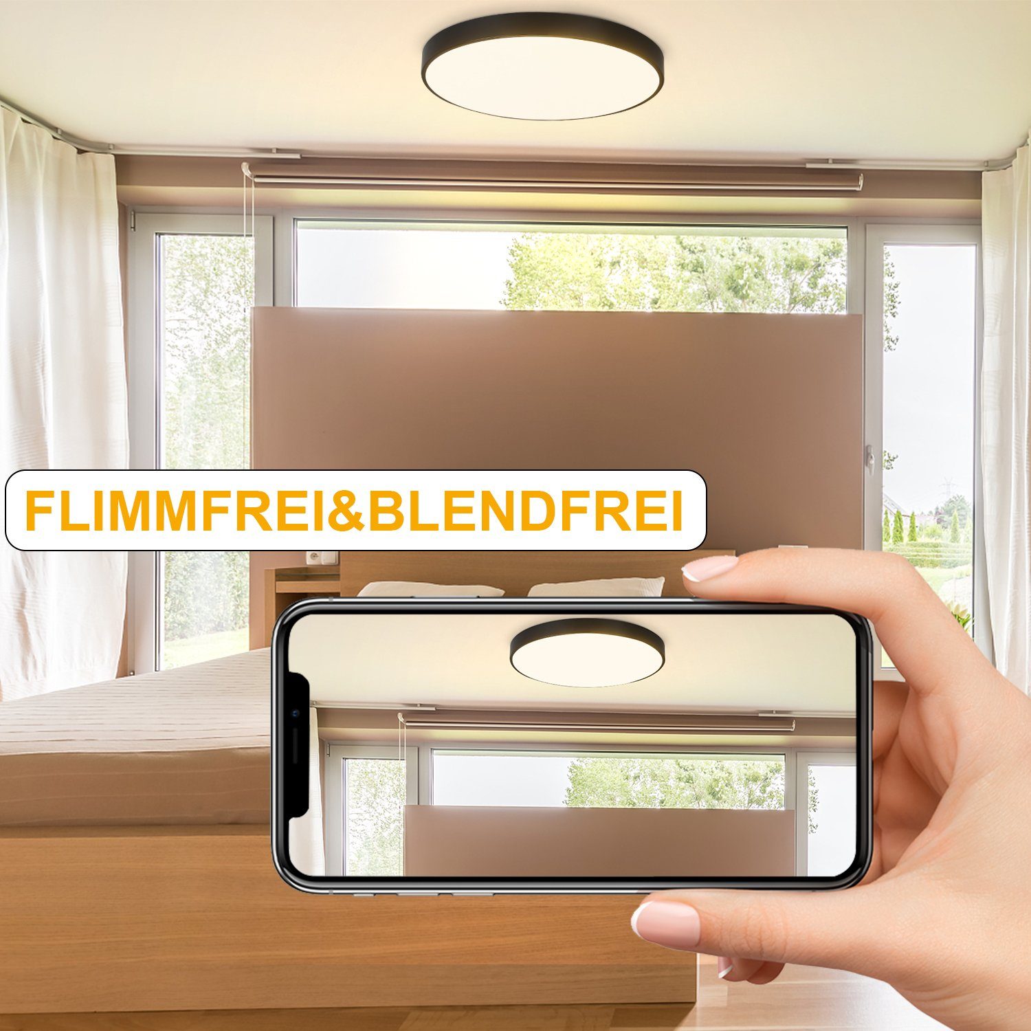 NETTLIFE Lámpara de techo LED Lámpara de dormitorio plana 17W Lámpara negra Lámpara blanca cálida IP44 Lámpara de redonda para baño Sala de estar - 3