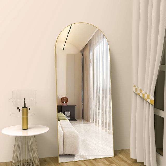 Miroir pleine longueur 162 x 53 cm, miroir de sol avec cadre en aluminium, miroir sur pied arqué lisse, doré