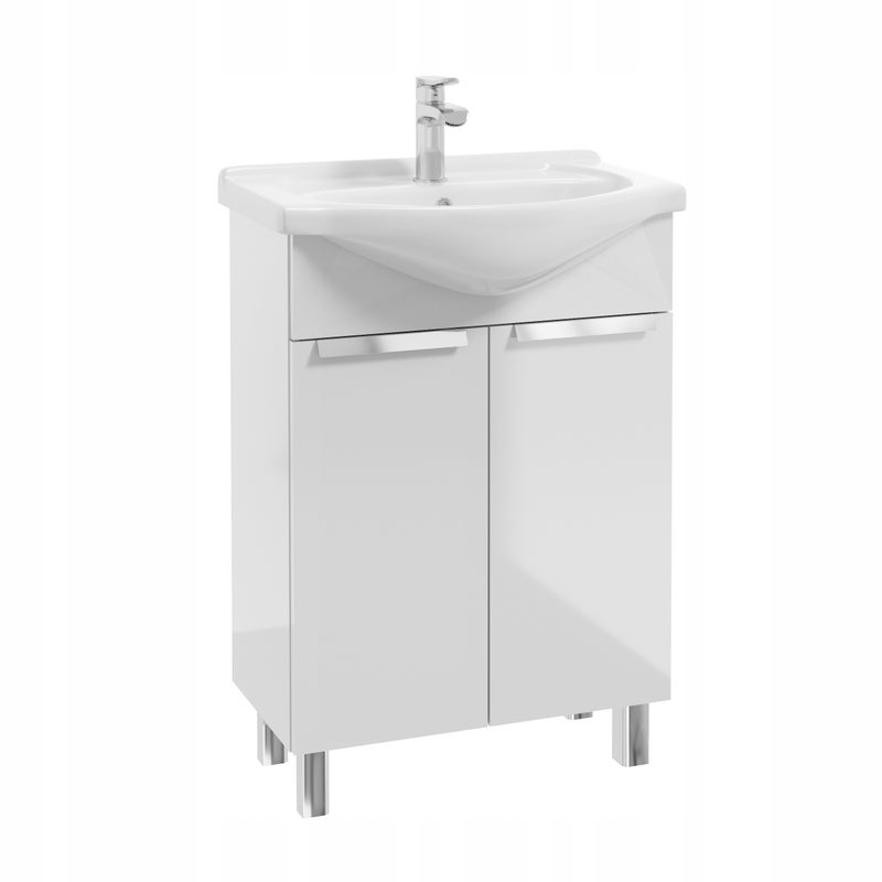 Szafka Łazienkowa Biała z Umywalką 60 cm Stojąca Połysk Nóżki