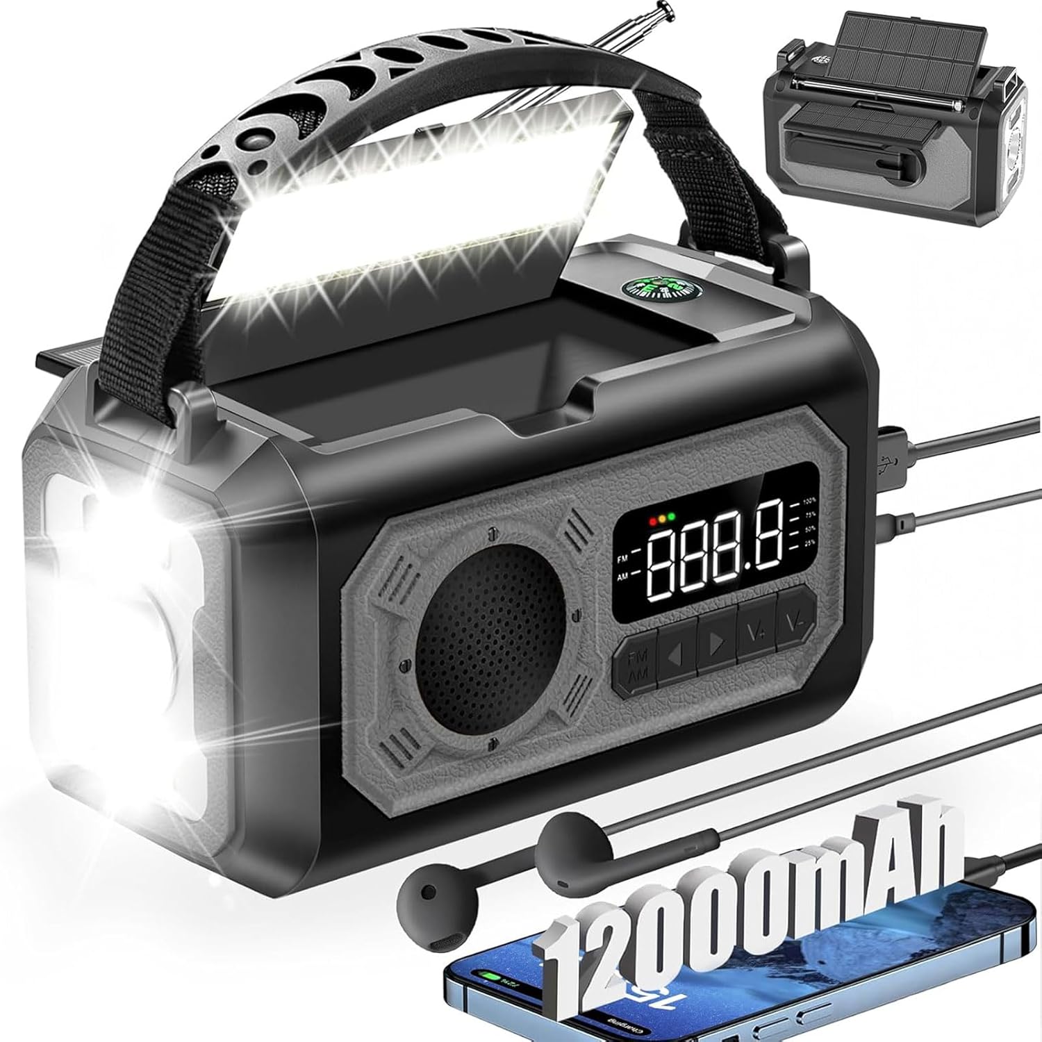 Radio Portable Manivelle Radio Solaire Survie AM/FM Radio Dynamo USB-C 2500mAh Rechargeable avec Lampe de Poche LED Alarme SOS Boussole Petit Radio pour Urgence Extérieure Randonnée Camping
