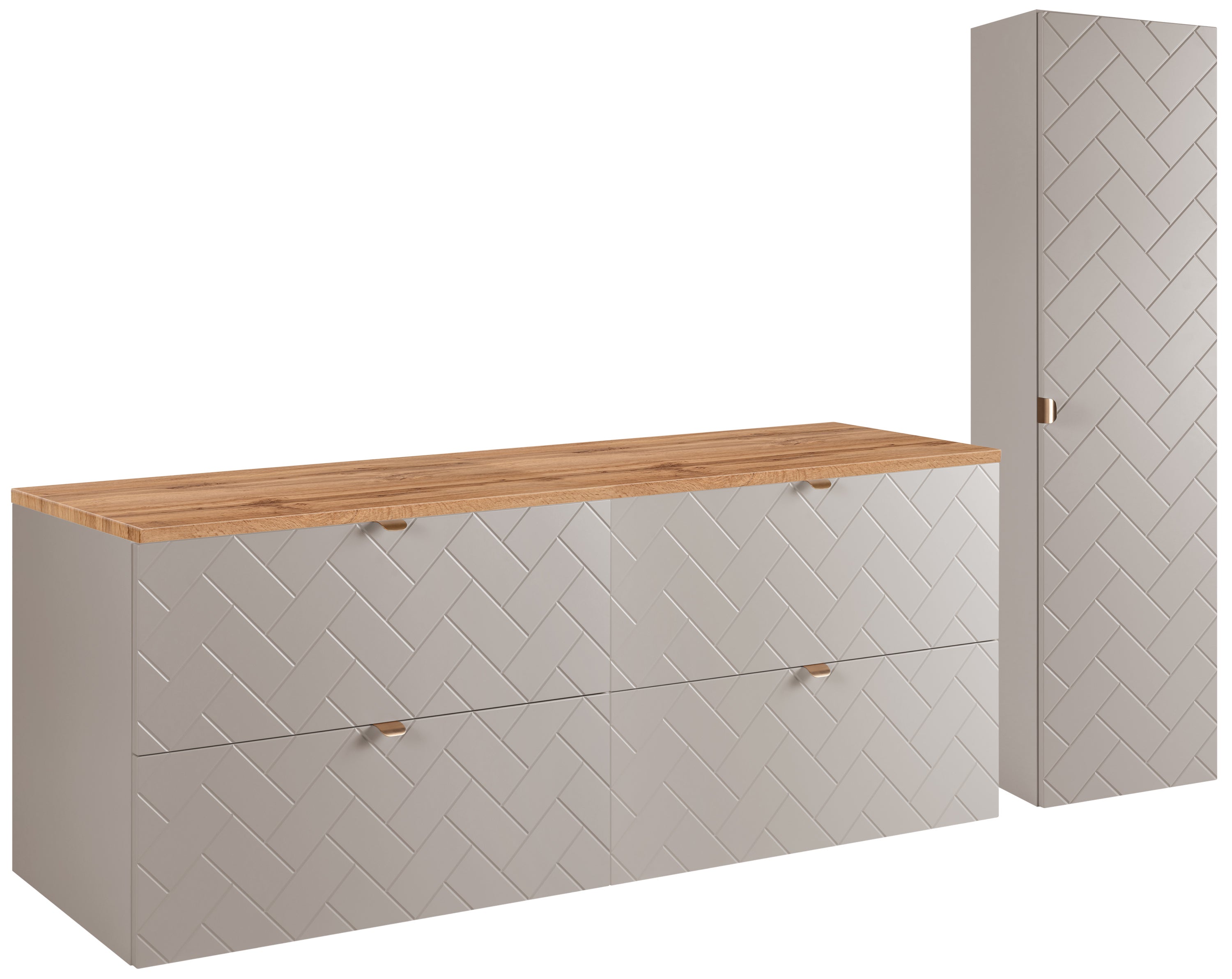 Szafka łazienkowa MADIS 160 cm kaszmir z blatem dąb wotan i słupkiem ryflowany front