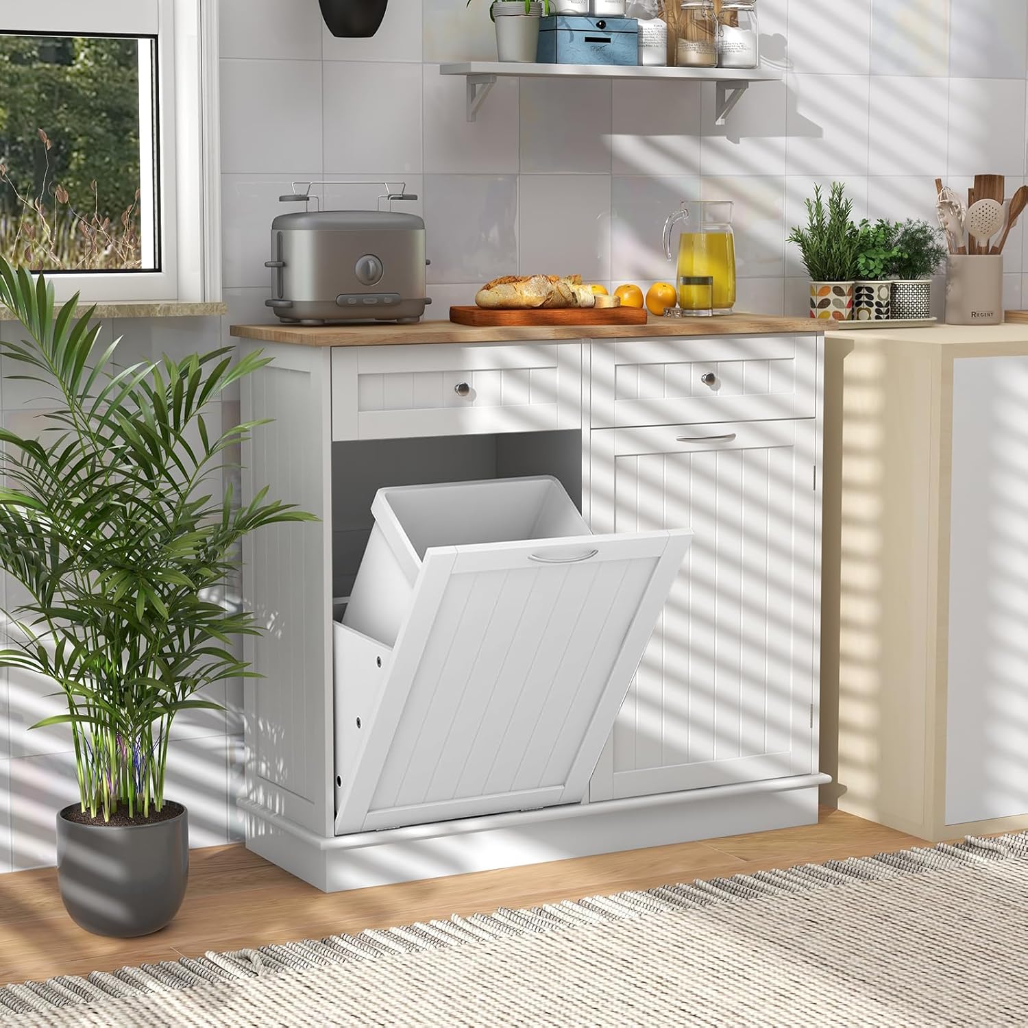 Buffet de Cuisine avec 2 Tiroirs et Placard Poubelle 42L(sans Seau), Plateau en Bois Massif, 100 x 35 x 91 cm, pour Cuisine, Salle de Bain, Blanc - 9