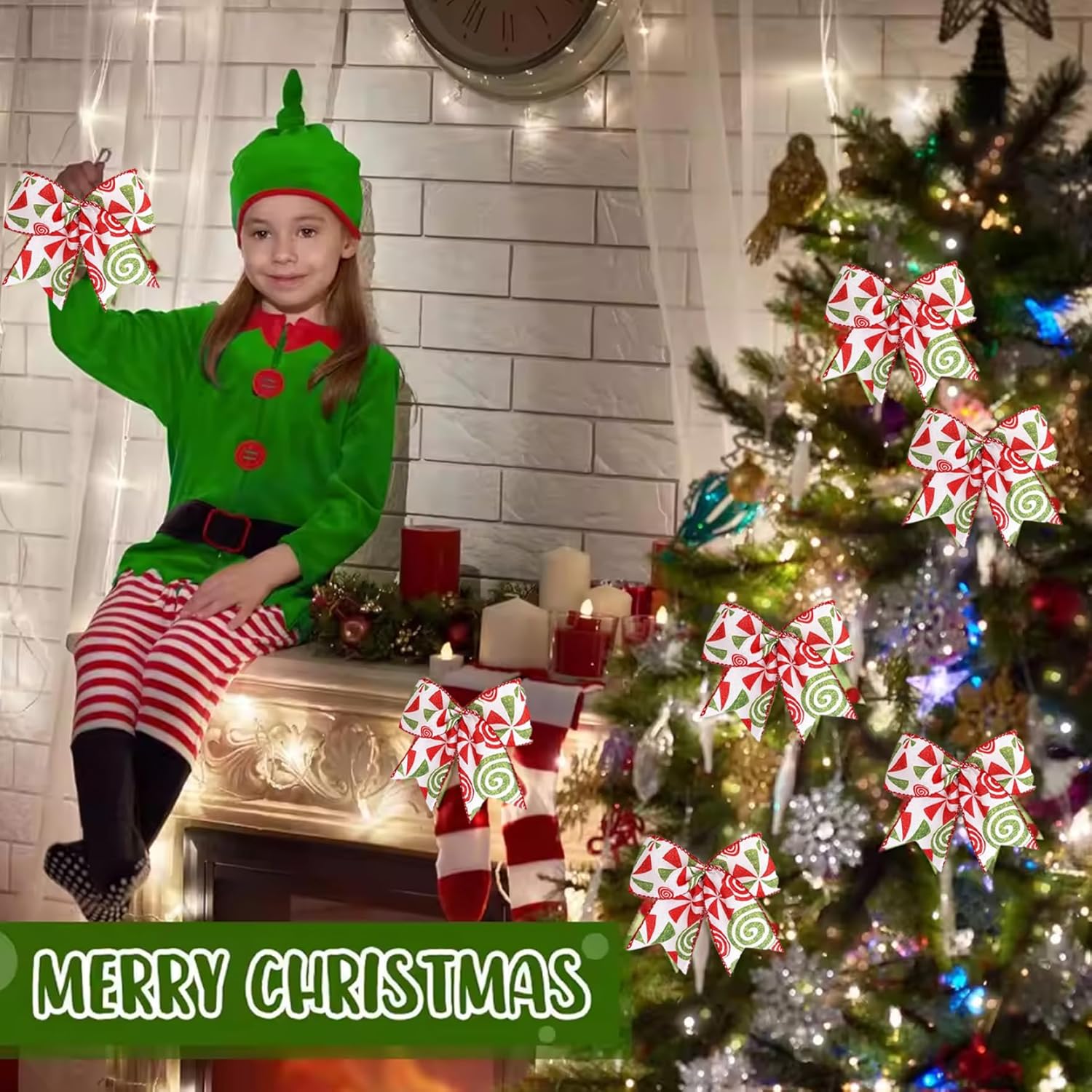 24 fiocchi di Natale verdi e rossi, 6 grandi alberi di Natale con ornamenti classici in paillettes per ghirlande, fasce, ghirlande, feste - 3