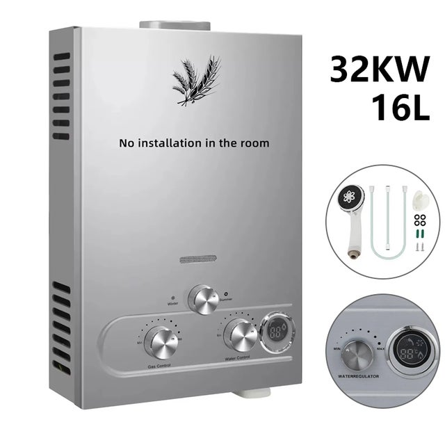 Chauffe-eau instantané au GPL, 16 L 32 kW, Chauffe-eau propane/butane avec affichage LED et protections de sécurité, Chauffe-eau extérieur