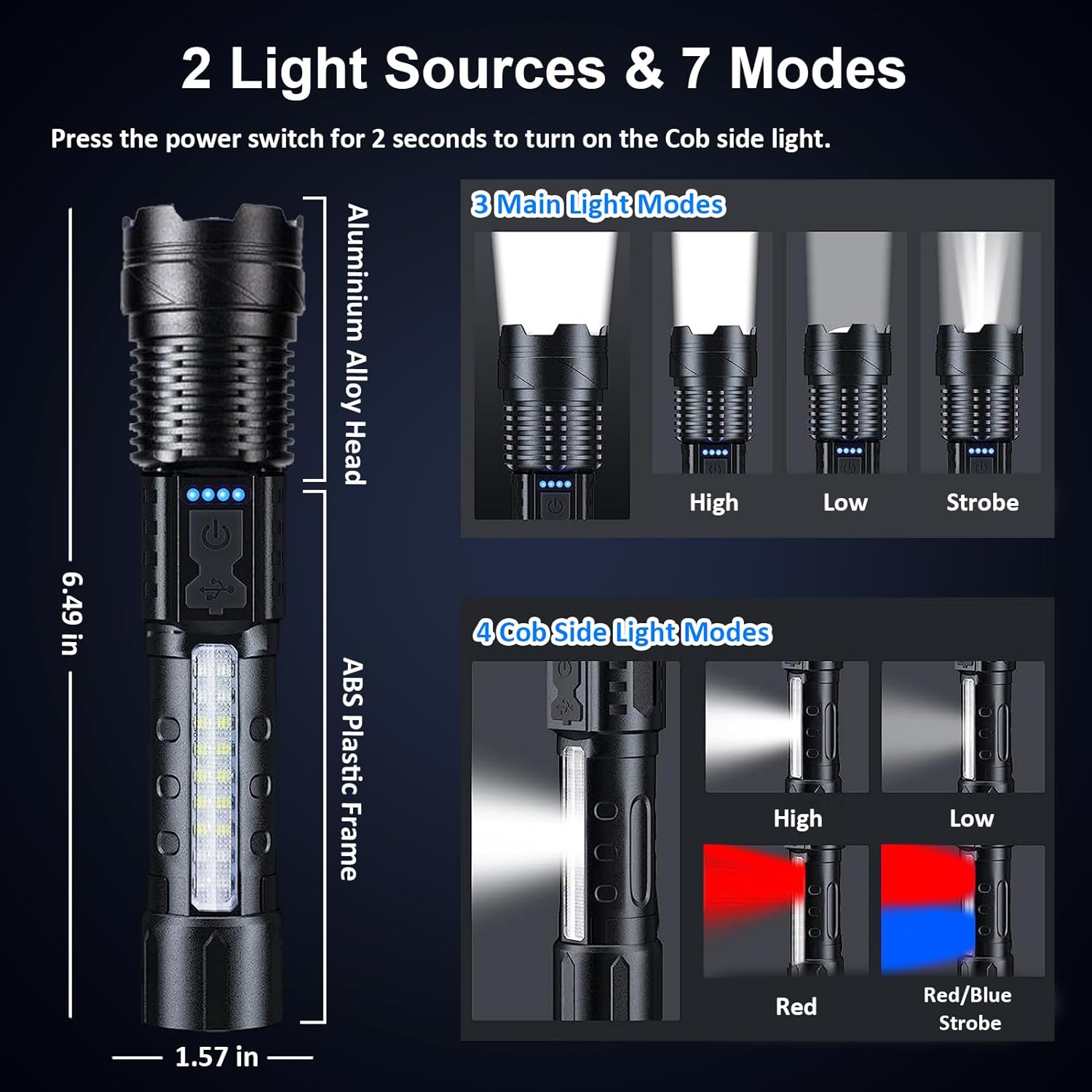 Lampes de poche rechargeables 2 pièce, lampe de poche tactique LED alimentée par batterie, lumière latérale Cob, USB C, étanche - 2