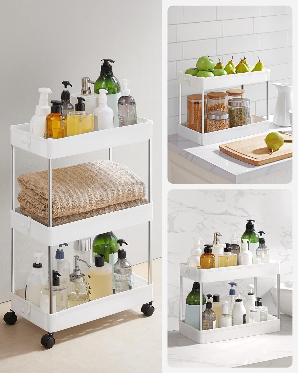Desserte à roulettes, Chariot de Rangement, Étagère Roulante, 3 Niveaux, Gain de Place, pour Salle de Bain, Cuisine, Bureau, 40 x 22 x 60 cm, Blanc - 3