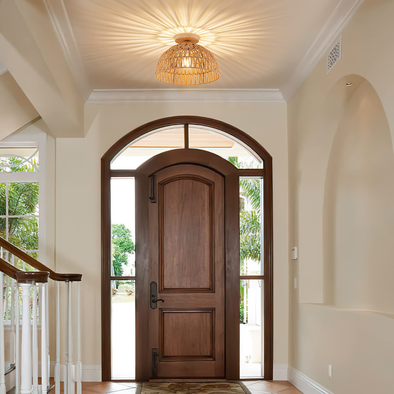 Lampa sufitowa z rattanu, żyrandol w stylu boho, ręcznie tkana lampa wisząca, żyrandol w stylu wabi-sabi do domu na wsi, sypialni, przedpokoju, holu - 8