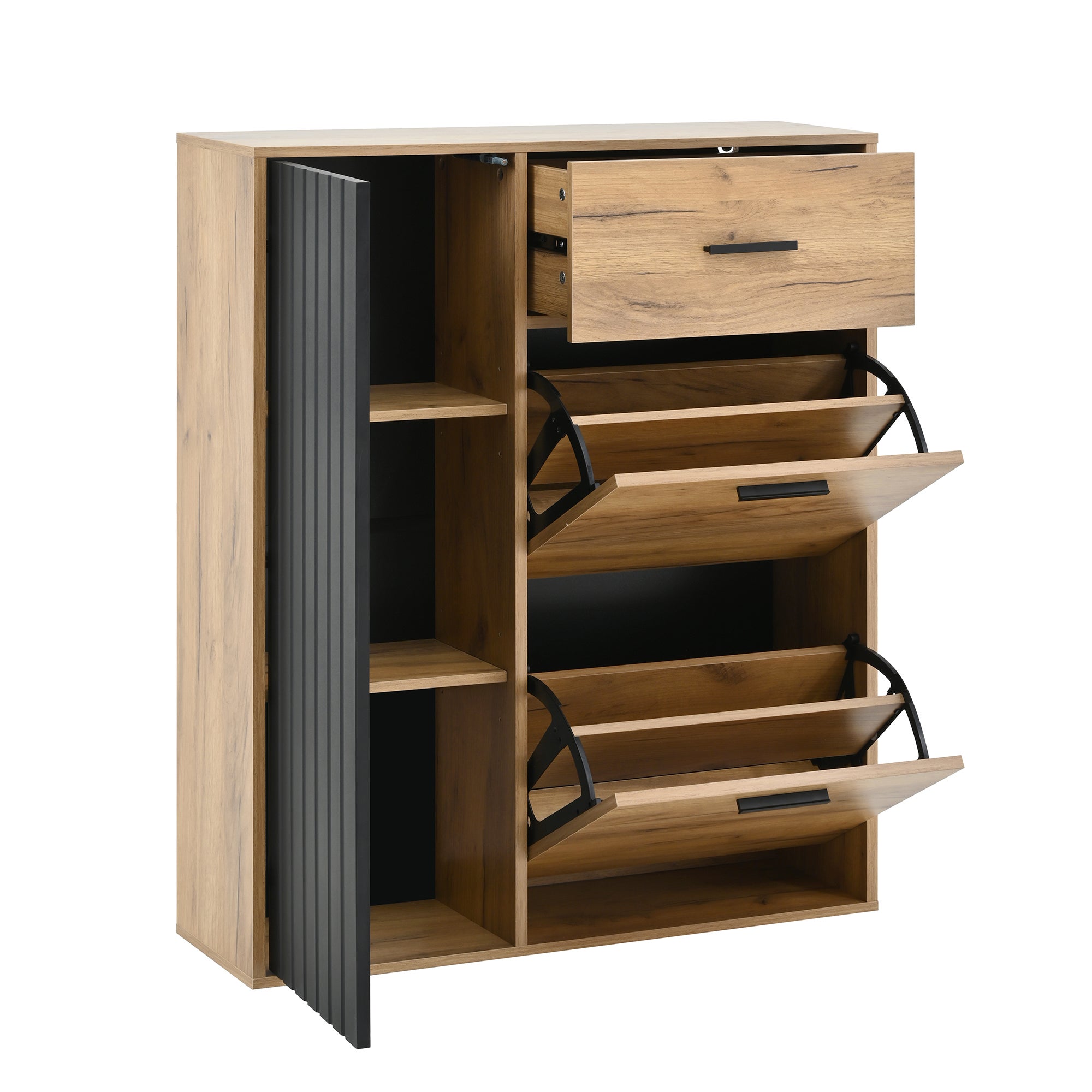 Scarpiera 80x24x95,5cm - con 2 ante a ribalta - con 1 cassetto e 1 anta - Naturale + Nero - 6