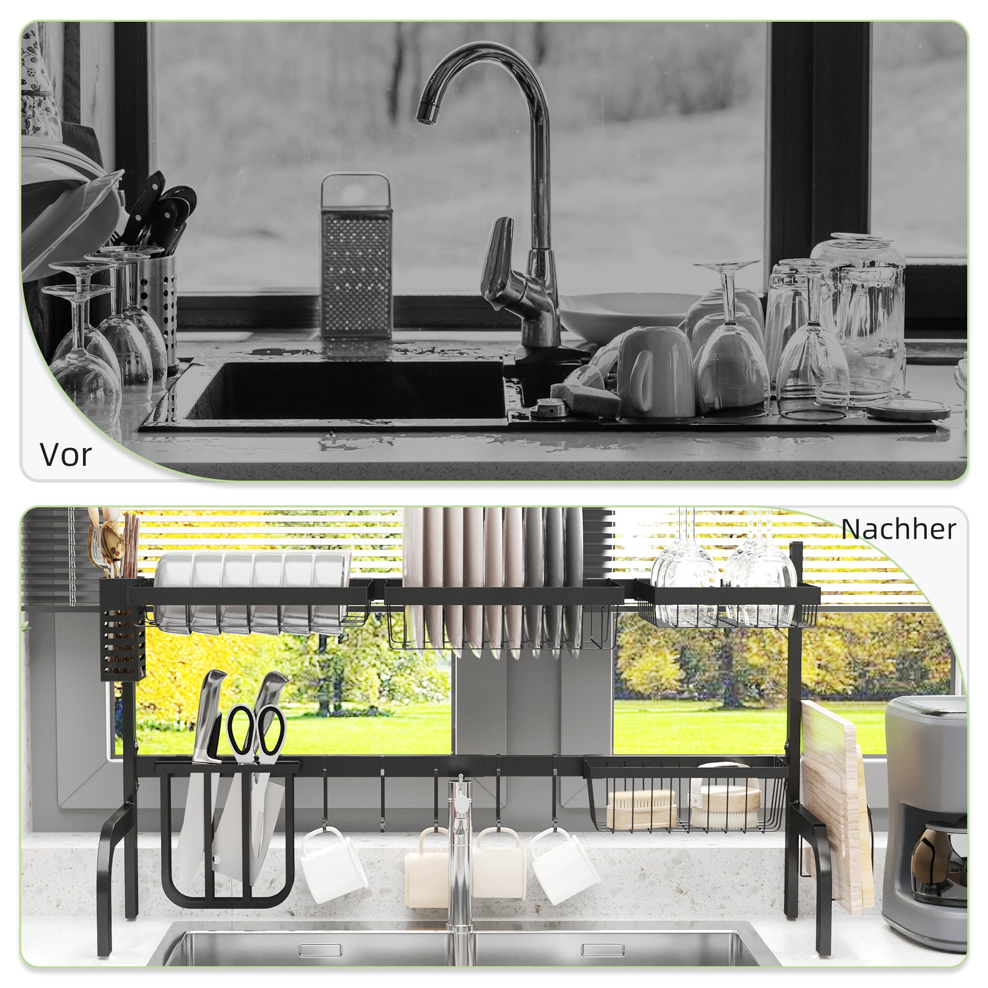 Égouttoir à vaisselle HOMCOM à 2 niveaux avec crochets et bac d'égouttage en acier, noir, 51-93 cm, pour cuisine - 3