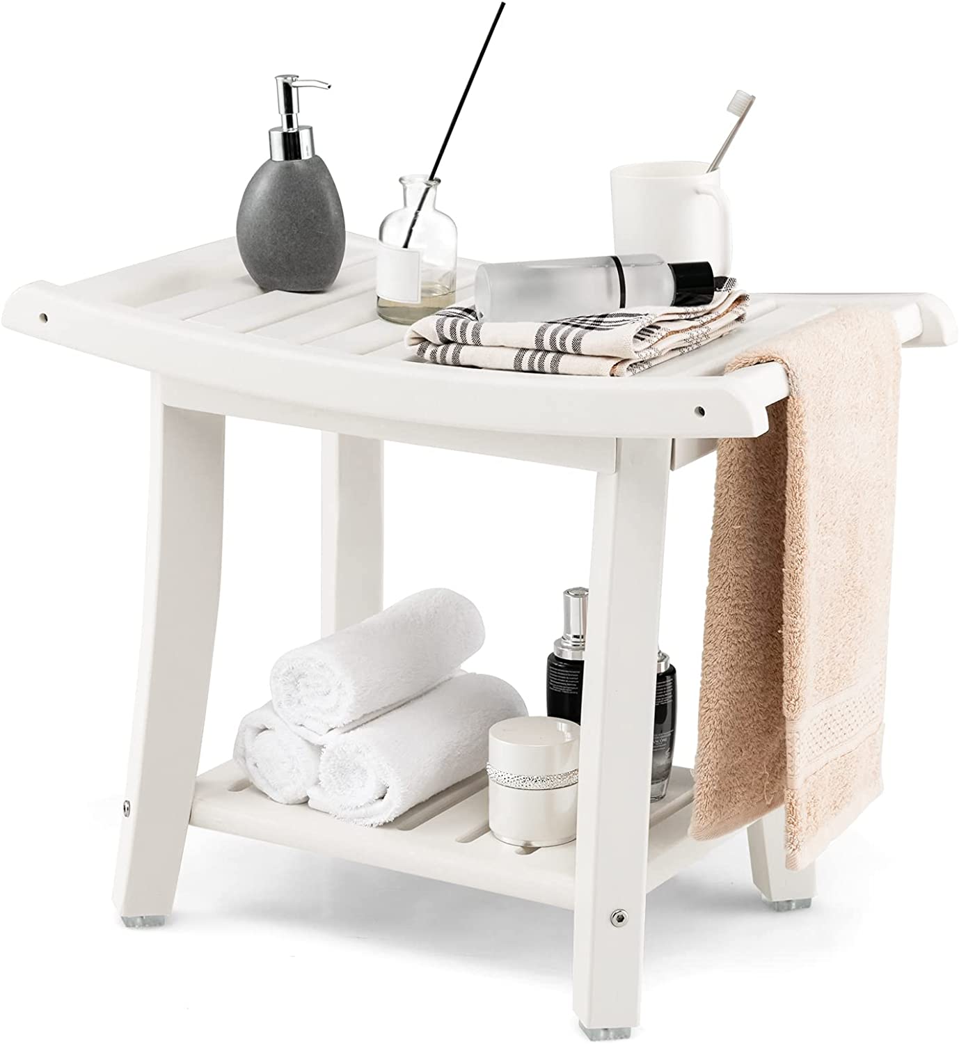 Ławka prysznicowa, ławka do siedzenia z półką, taboret łazienkowy, obciążenie 170 kg, ławka łazienkowa, krzesło prysznicowe, 60,5 x 34 x 48 cm