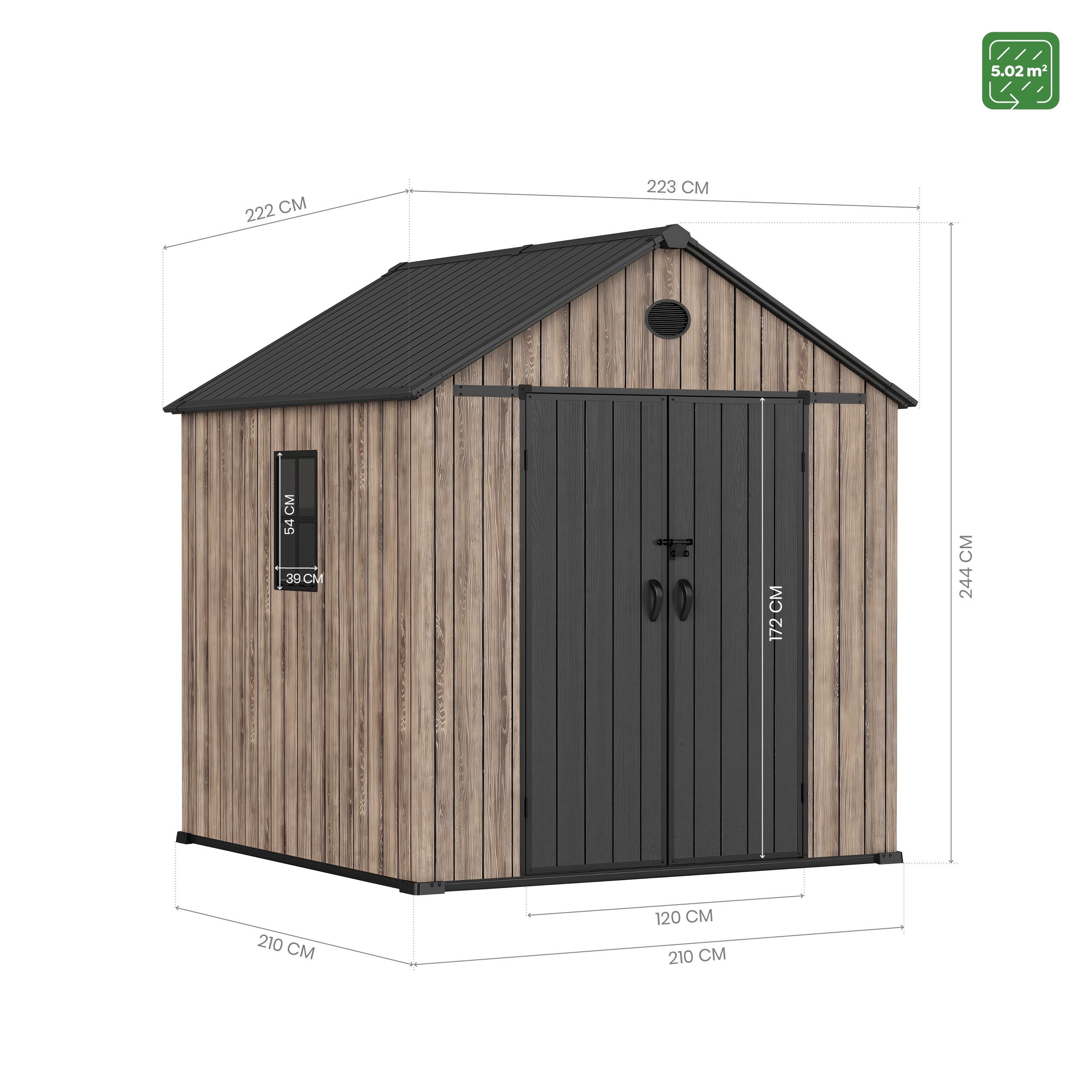 Abri de jardin en résine 5,02 m² Oak O50 – Plancher inclus – Fenêtre latérale – Effet bois premium – Double porte large - 4