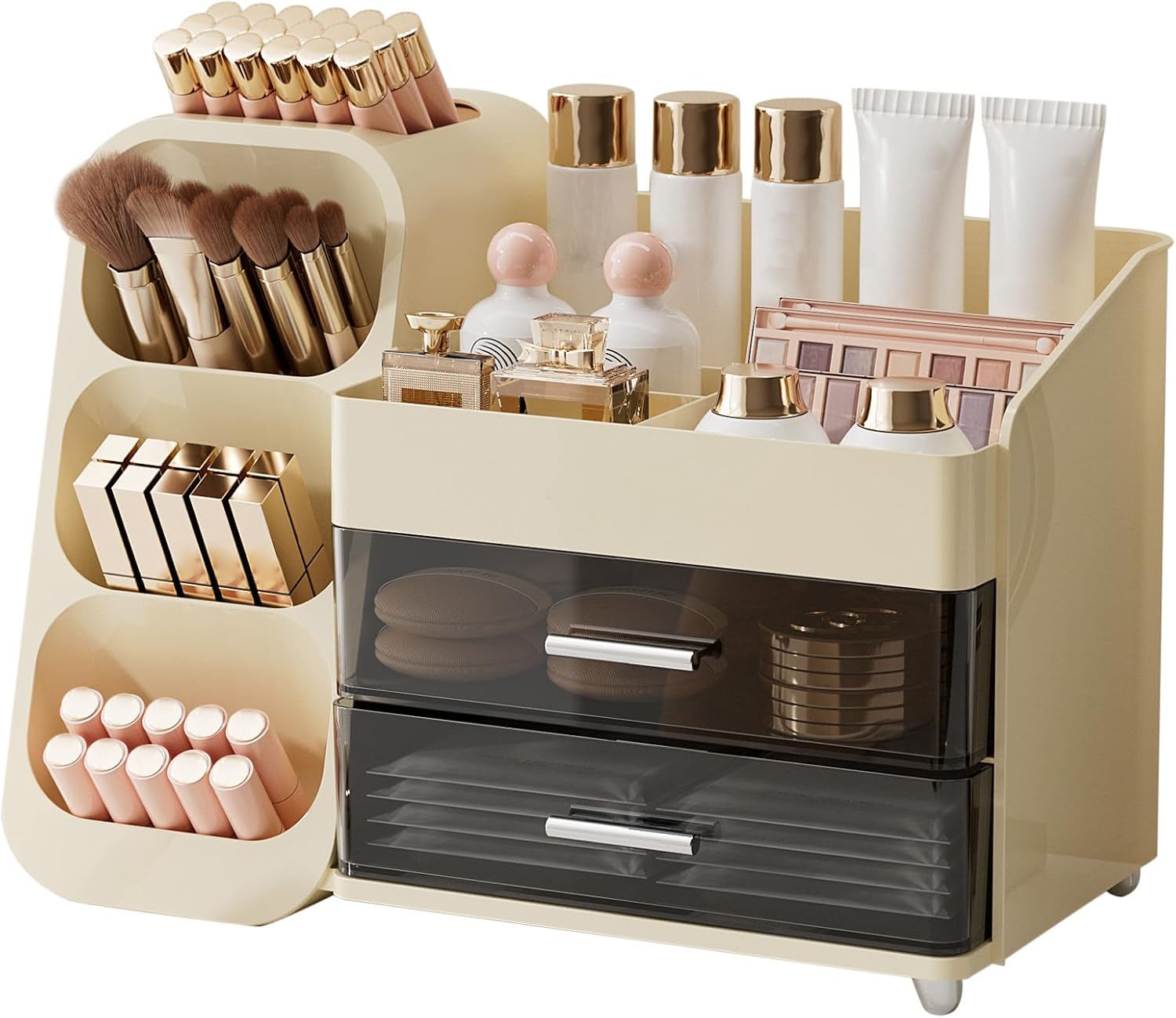 Caja organizadora de maquillaje (color beige) con 2 cajones; caja multifuncional de gran capacidad para guardar ropa, artículos de baño y productos pa