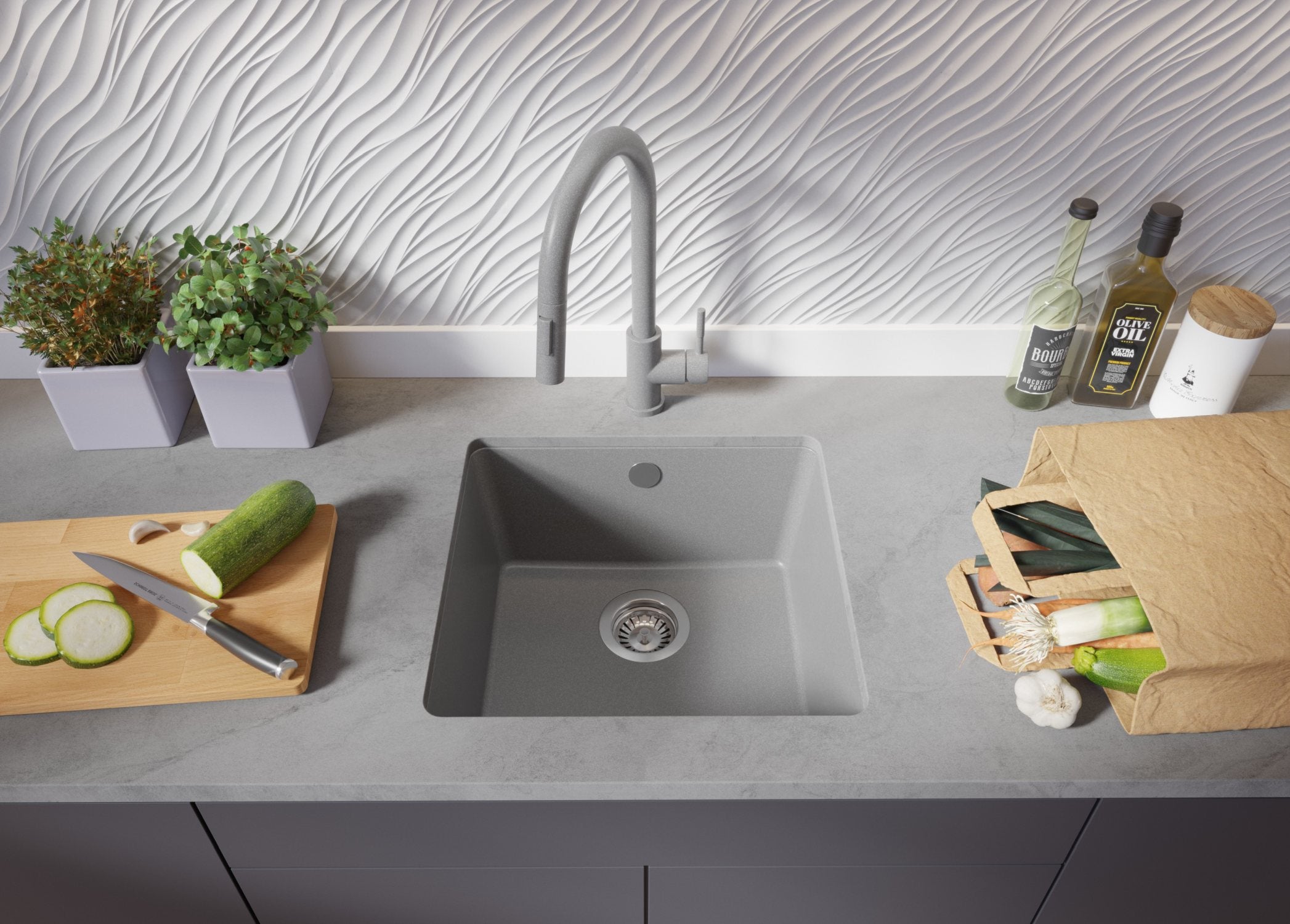 Evier Sous Plan Gris 46x44cm, Evier en Granit 1 bac + Kit de Vidage, Évier au meuble 50cm - Venise Easy PRIMAGRAN - 3