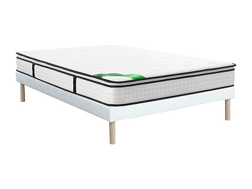 Zestaw 140 x 190 cm: stelaż tapicerowany + materac z 7-strefowymi sprężynami kieszeniowymi, wbudowanym topperem i pokrowcem bambusowym o grubości 26 c