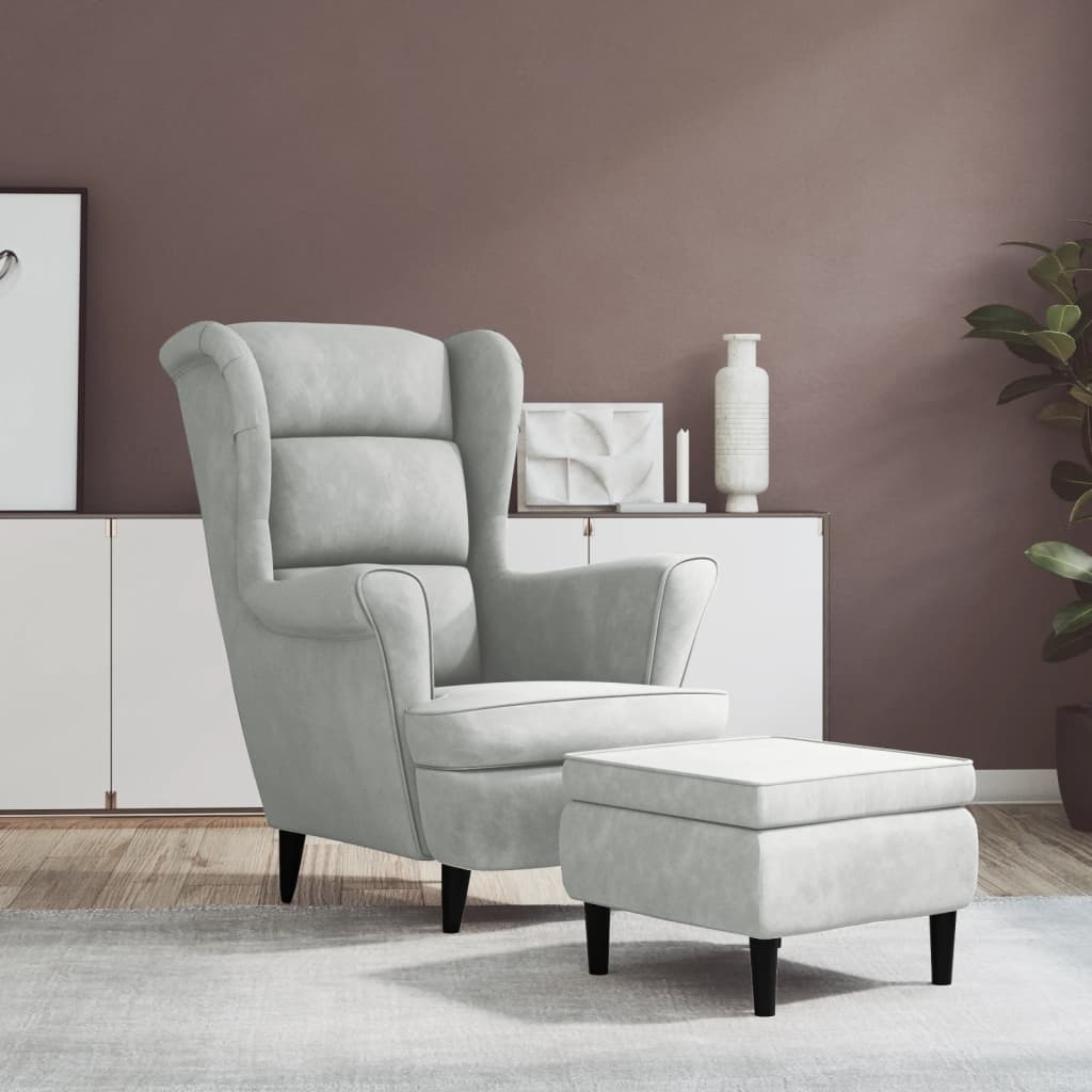 Vidaxl Sillón Orejero Y Taburete De Terciopelo Gris/Claro , Leroy Merlin