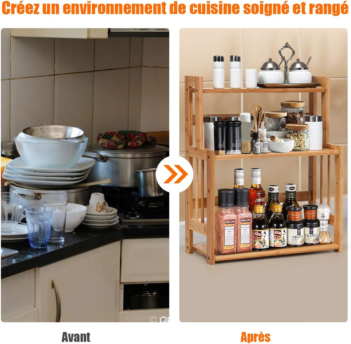 Porta Spezie a 3 Ripiani, Portaspezie Mensola per Cucina Bagno e Toletta, Organizzatore Supporto Porta Spezie in Legno bambù, Carico 20kg, 50 - 2