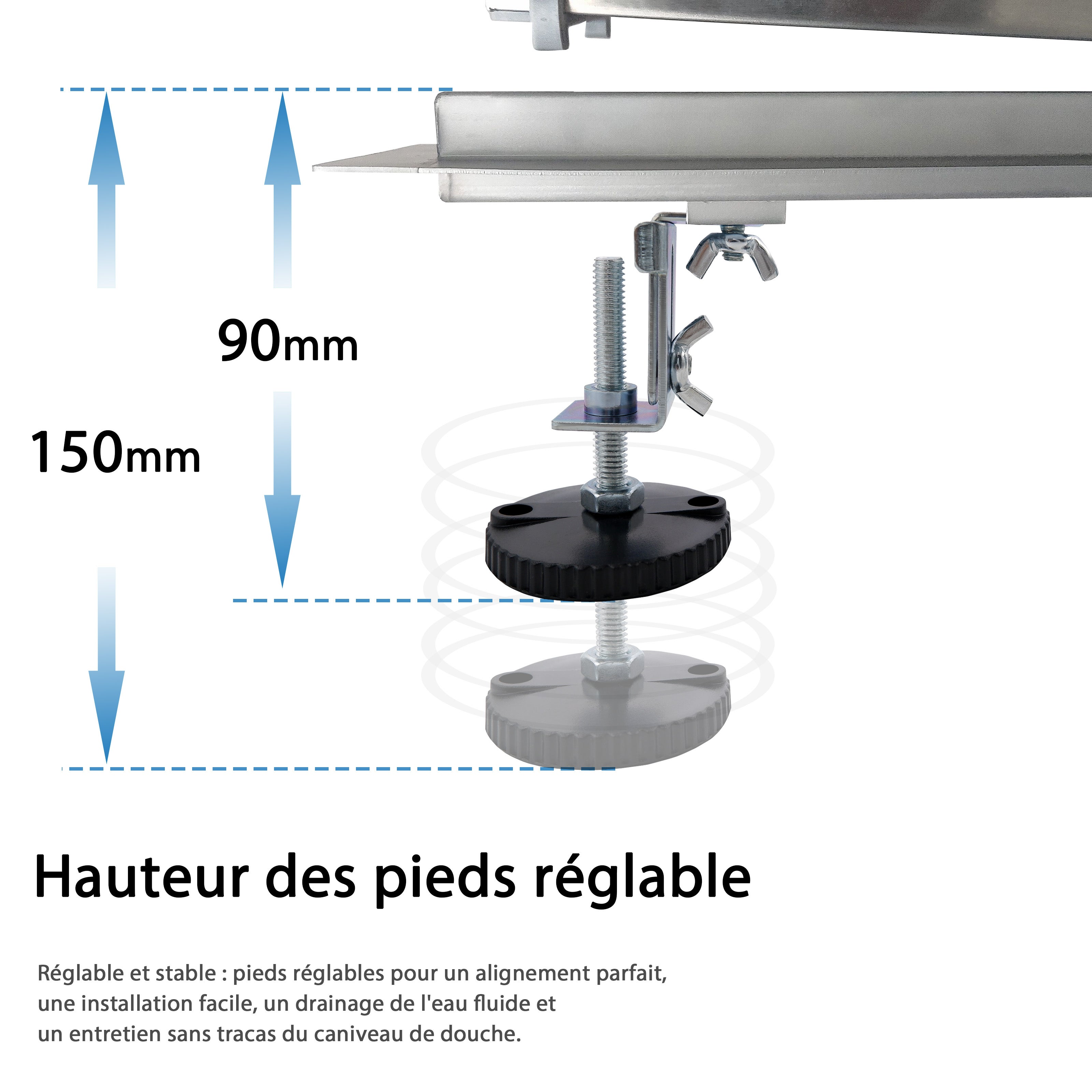 AICA caniveau de douche en acier inoxydable italien 2 en 1+siphon 360°, Siphon de drainage, réglable en hauteur avec désodorisant - 100 cm - 2