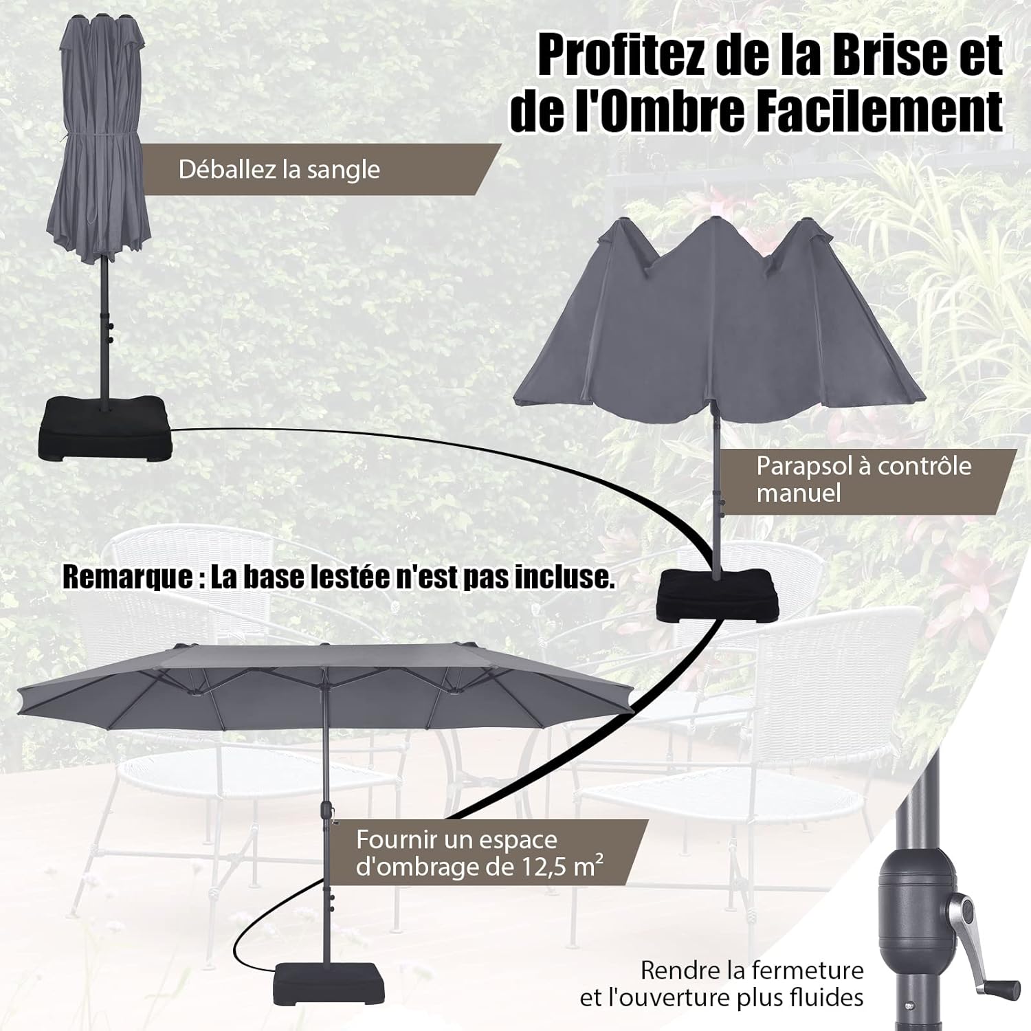 Parasol de Jardin Exterieur 4,7M Grand Parasol Manivelle, 12 Baleines, Poteau Φ48MM, Résistant aux UV, Parasol Double Face Base Non Incluse, Gris - 6