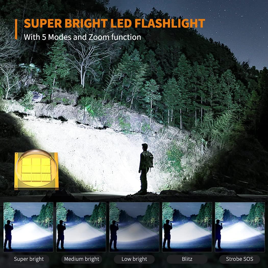 Lampe torche ultra-puissante, extrêmement lumineuse, avec câble USB-C étanche et 5 modes d'éclairage pour le camping, la chasse et les situations d' - 5