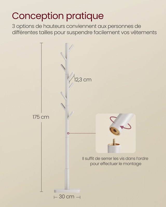 Portemanteau, Portant à Vêtements en Bois, 3 Hauteurs, pour Manteaux, Chapeaux, Sacs, pour Entrée, Couloir, Bois d'Hévéa, Beige Cappuccino - 4