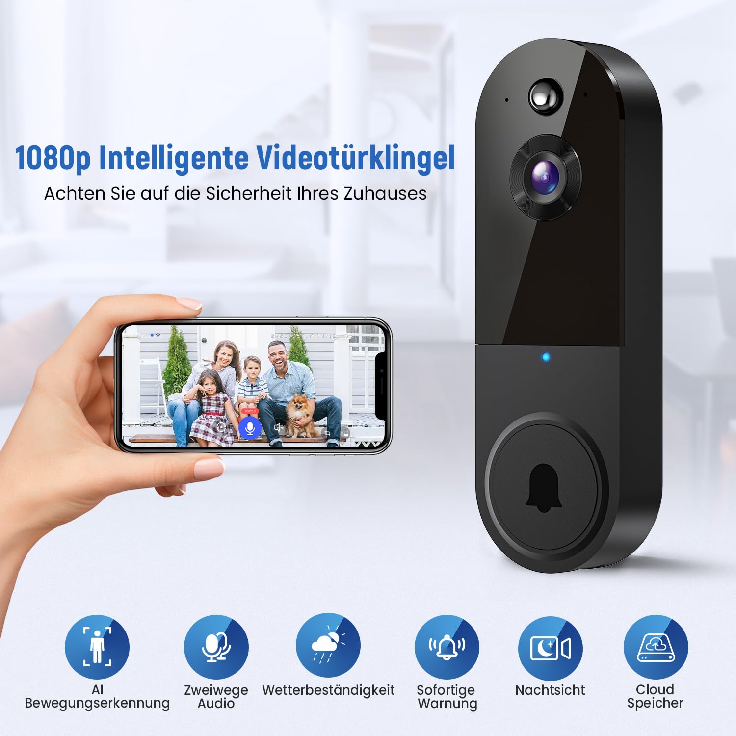 Sonnette vidéo sans fil 1080p avec stockage cloud, audio bidirectionnel, détection de présence humaine, vision nocturne, Wi-Fi 2,4 GHz, alertes, noir - 3