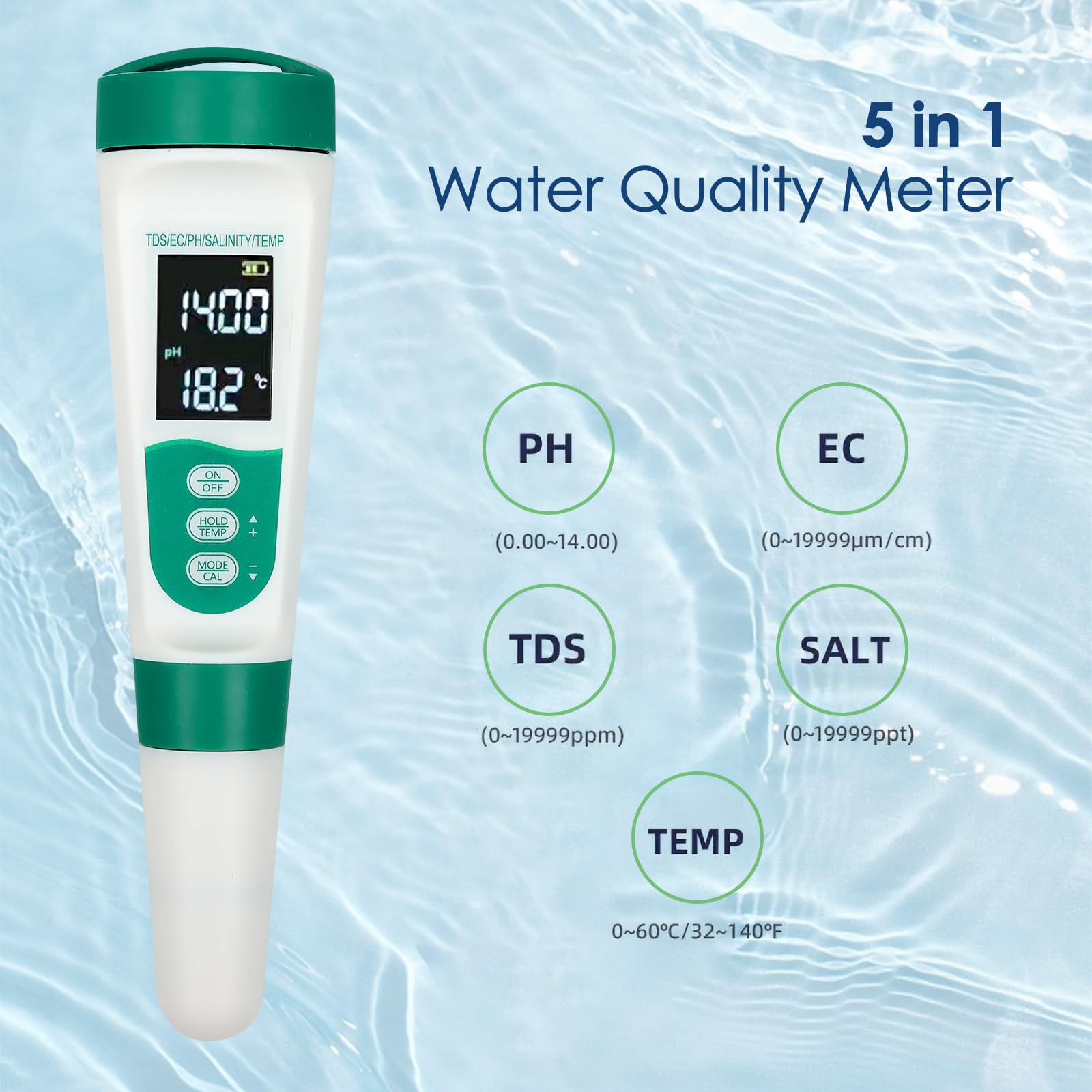 Stylo de test de qualité de l'eau multifonction 5 en 1, TDS, EC, pH, sel, température, résultats rapides, haute précision, testeur de qualité de l'eau - 2