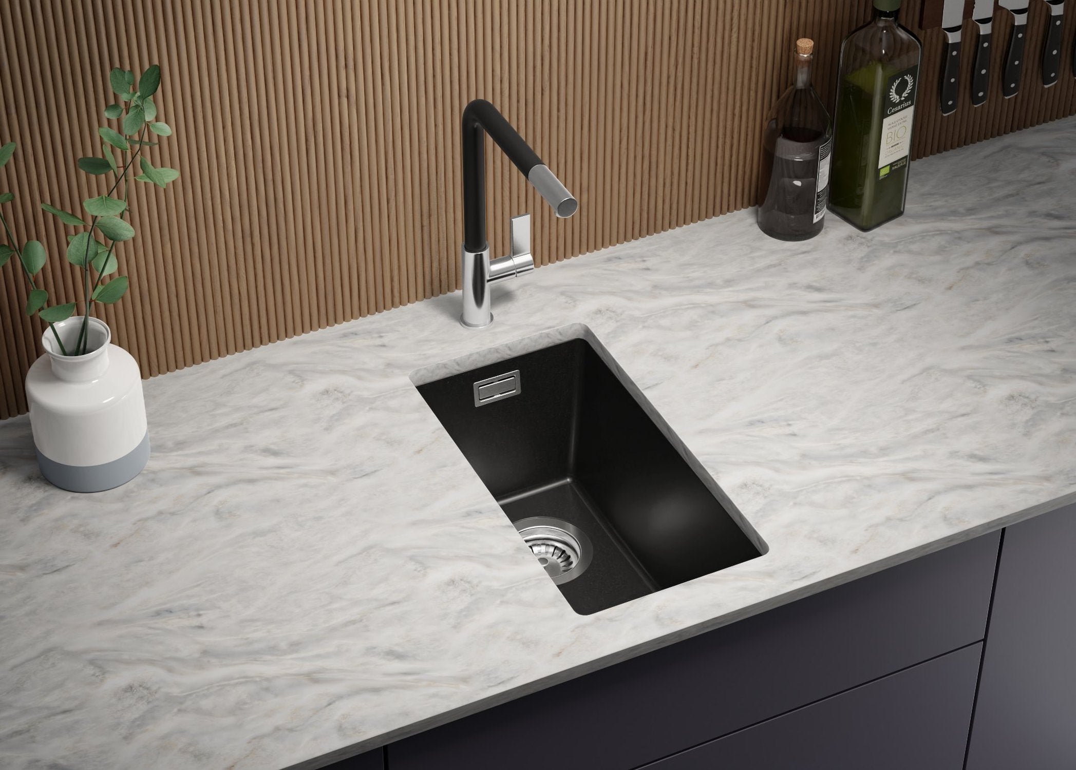 Lavandino sottotop Tutto Nero 26x47cm, Lavello in Granito a 1 vasca + Sifone Classico + Accessori, Lavabo da Cucina al mobile 30cm - London PRIMAGRAN - 3