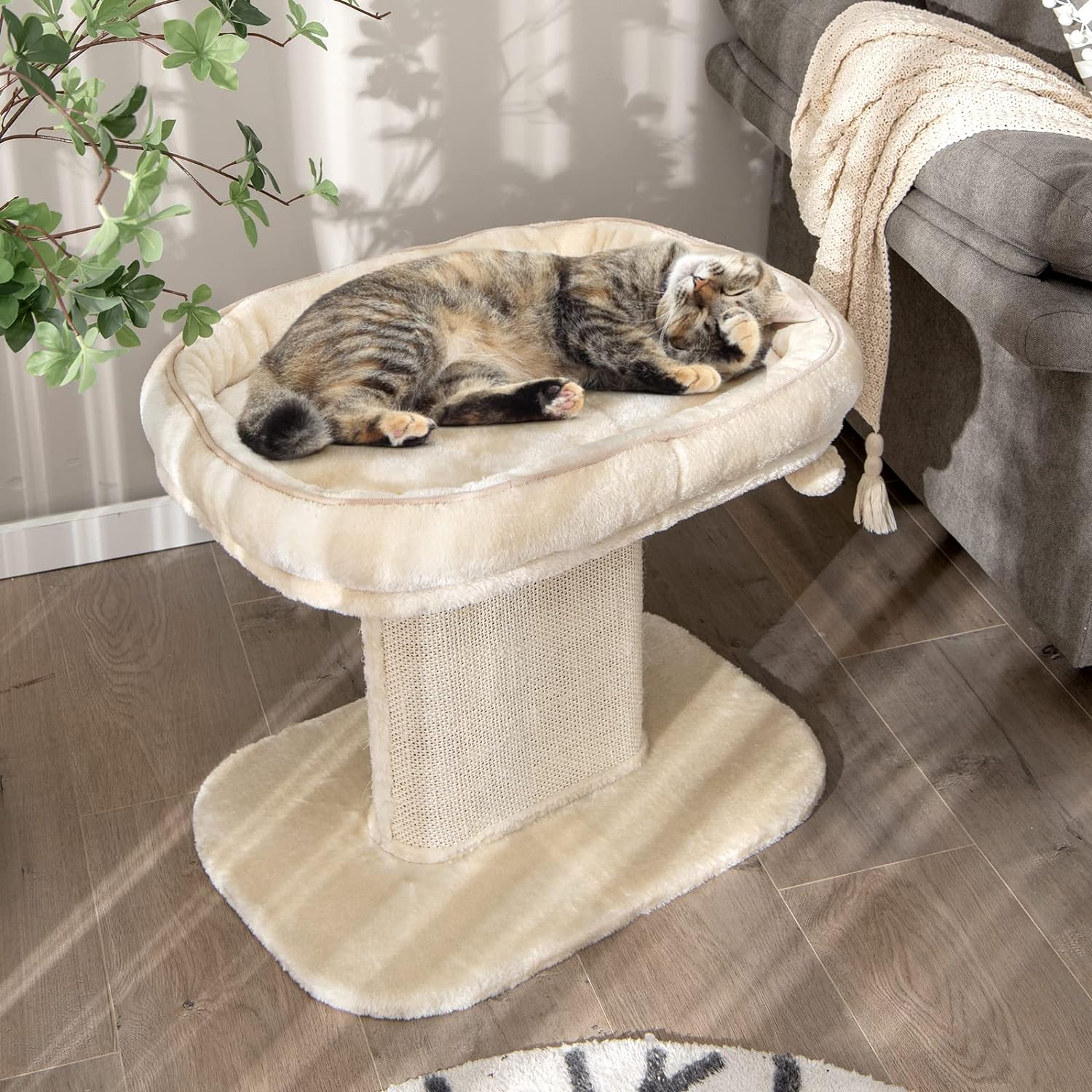 Arbre à Chat En Polyrotin 91 Cm - Sisal, Niches Et Boule Suspendue - Couleur Beige - Pour Chats Jusqu'à 10 Kg - 6