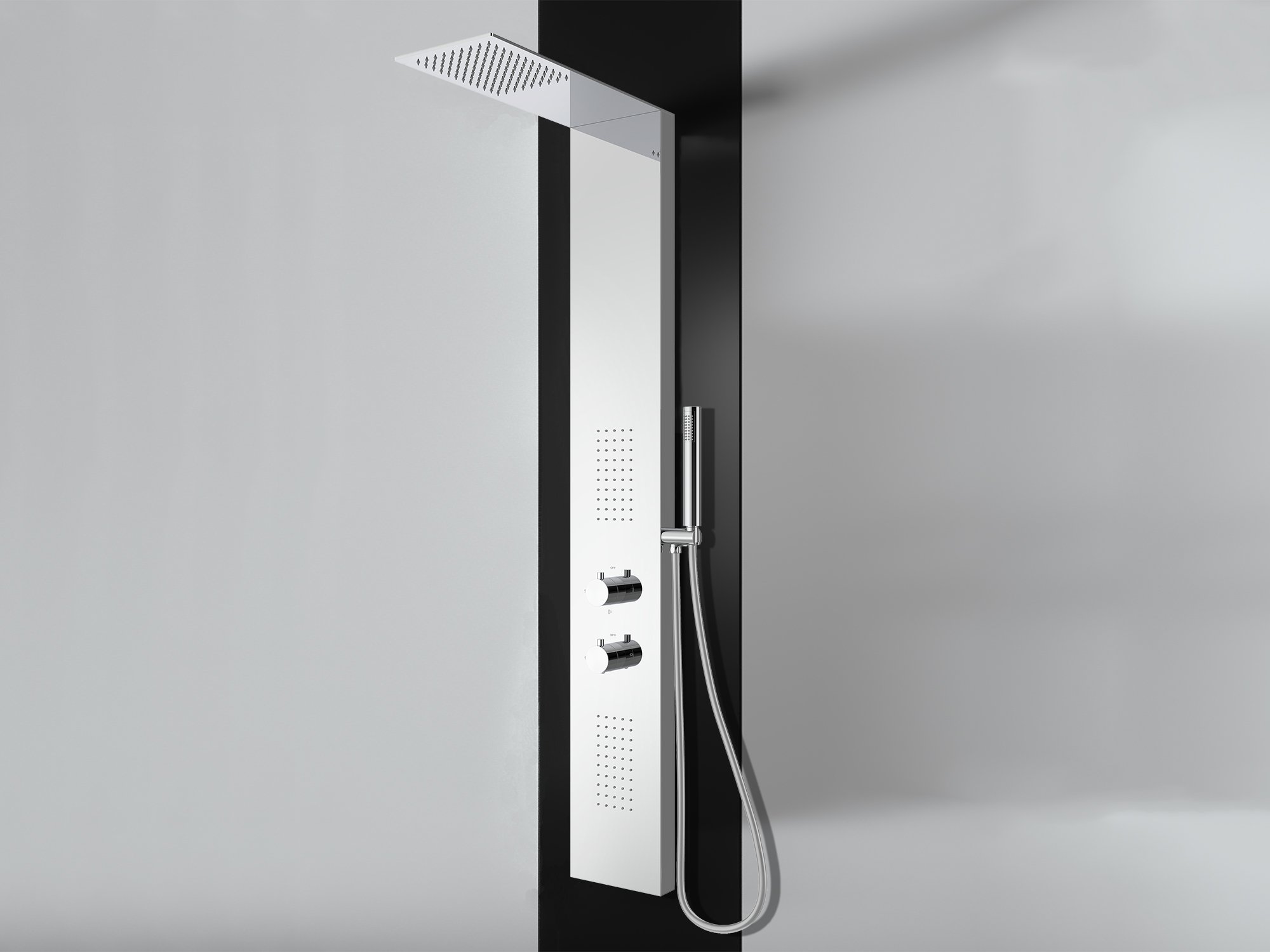 Panel de ducha slim hidromasaje laneri en acero inox brillante – 3 vías, rociador antical y ducha de mano – diseño espejado elegante