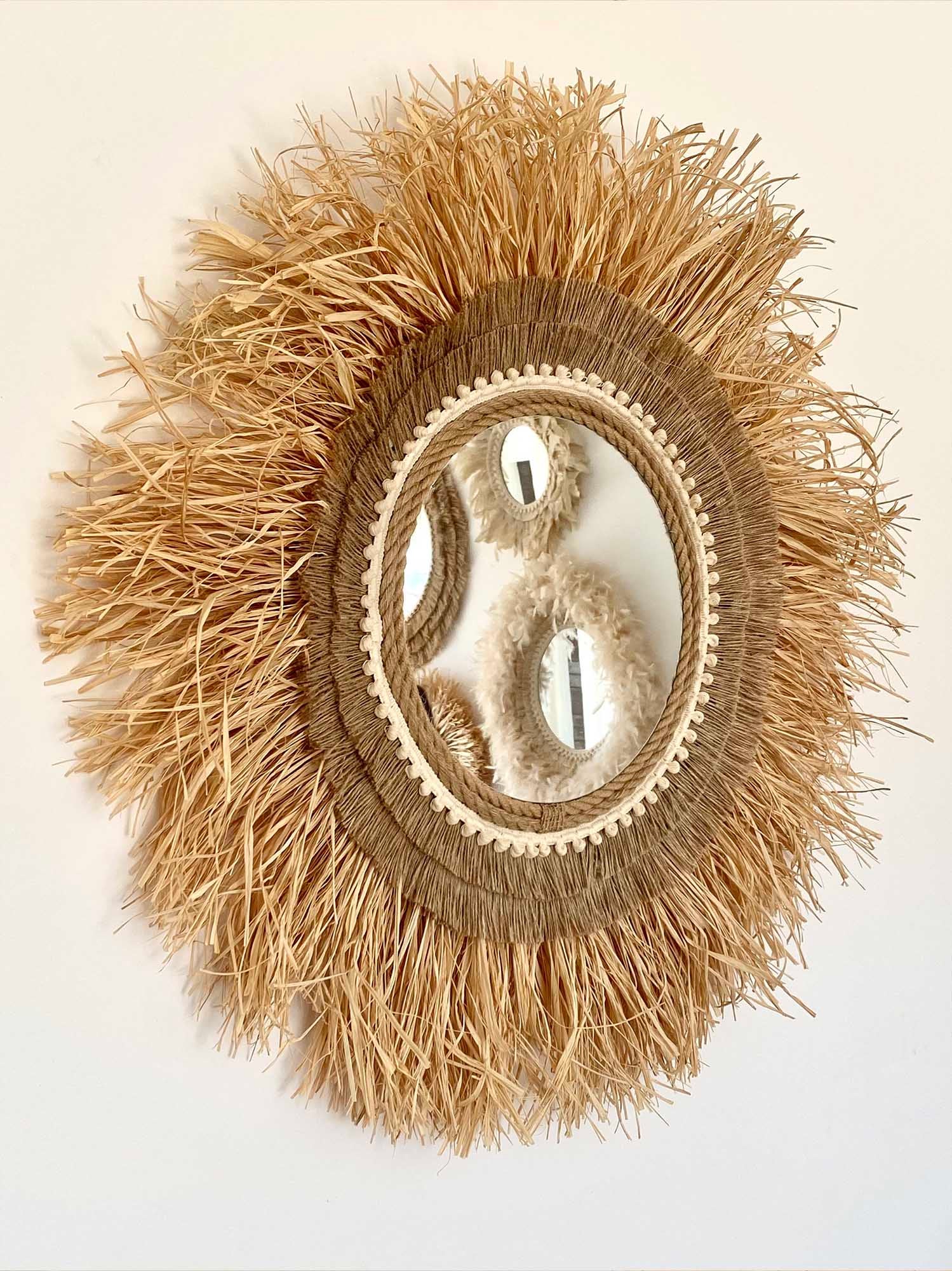 Ręcznie wykonane lustro z rafii i frędzli jutowych – RAFFIA JUTE całkowity Ø100 cm - 4
