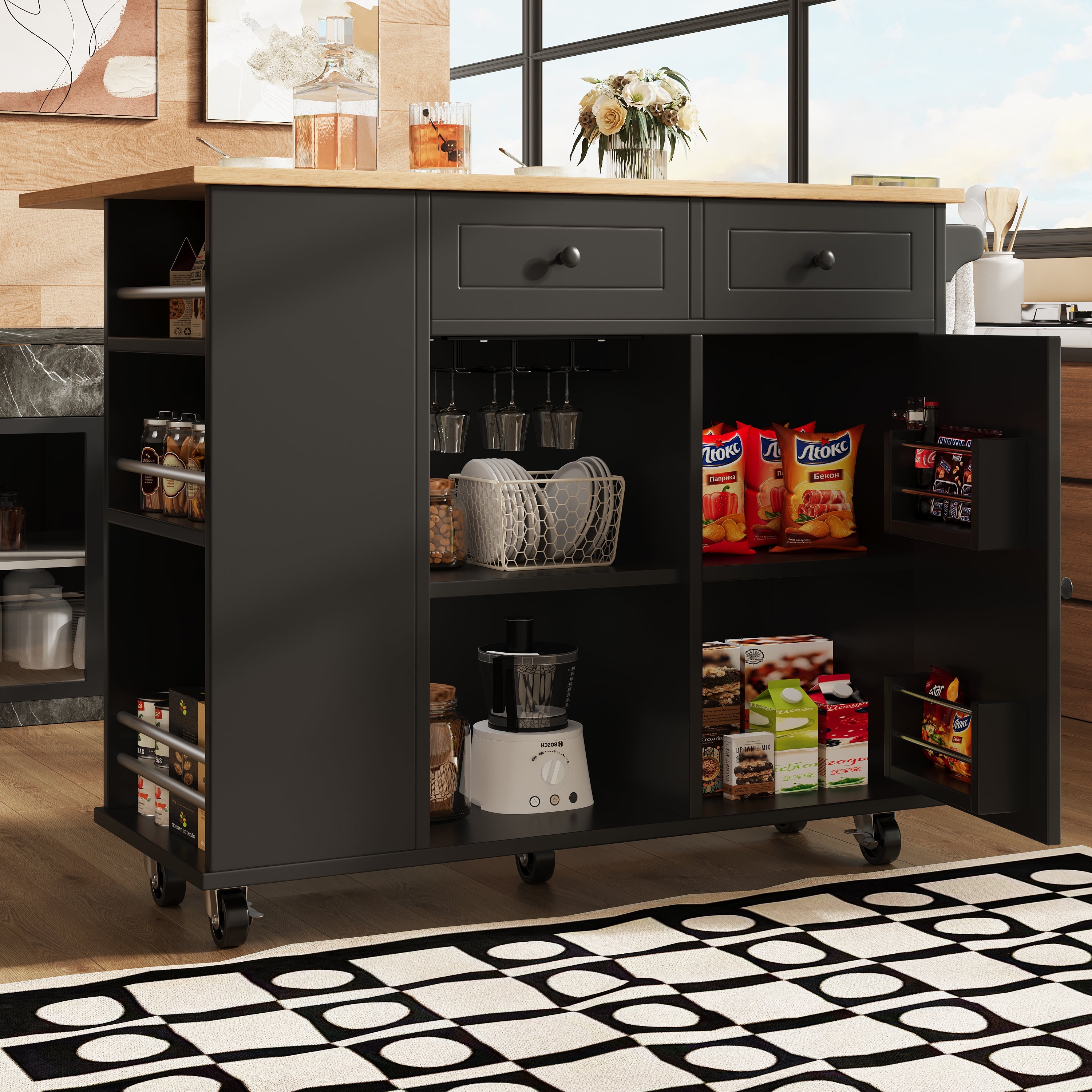 Isla de cocina con divisiones extraíbles, mueble de cocina, carrito de comedor con encimera, aparador, carrito de comedor con acabado veta de madera