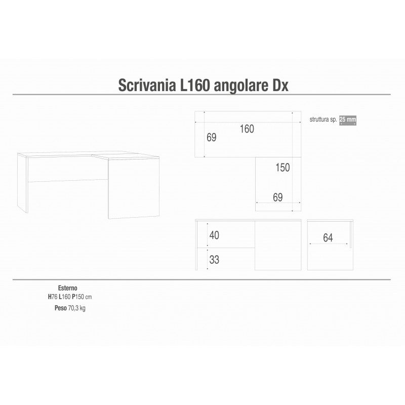 Scrivania Angolare Destra 160L x 150P x h76 – Bianco Opaco – Sarmog - 2