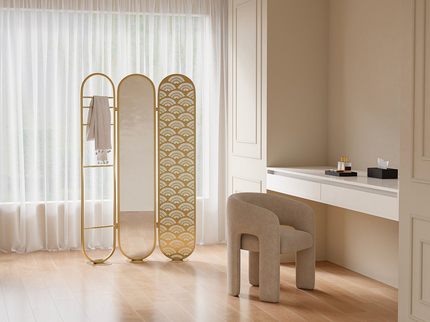 Biombo espejo art déco de metal - 3 paneles - l. 117 x a. 175cm - dorado - mavica