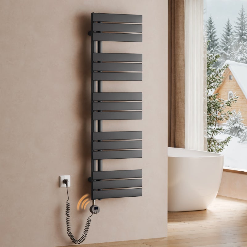 Grzejnik łazienkowy elektryczny WiFi z inteligentnym termostatem – Zdalne sterowanie przez aplikację, montaż na ścianie, antracytowy, 132×40 cm,600 W