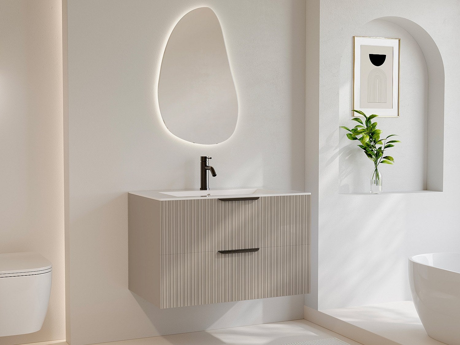 Szafka łazienkowa wisząca prążkowana z umywalką do zabudowy - Kolor beżowy - 80 cm - DALIKO