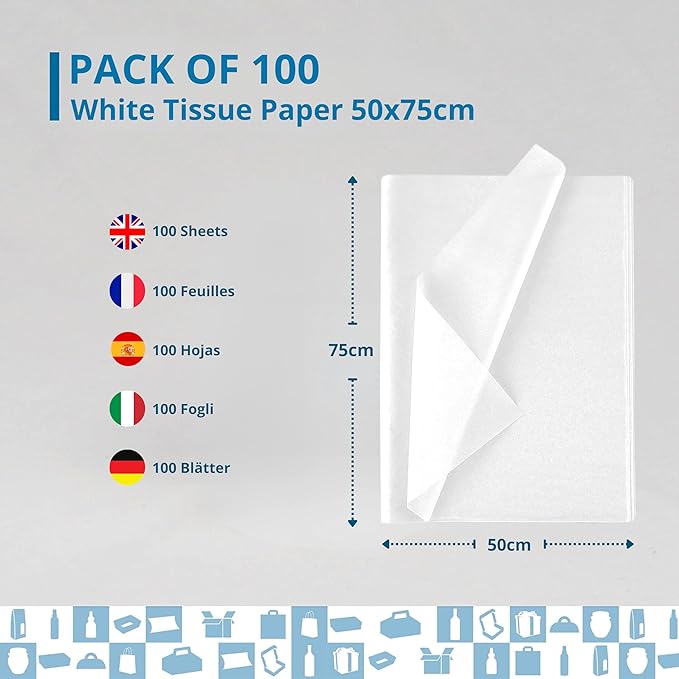 Papier de soie blanc 50x75 cm – Pack 100 feuilles pour emballages cadeaux, déco florale, pompons et créations artisanales - 4
