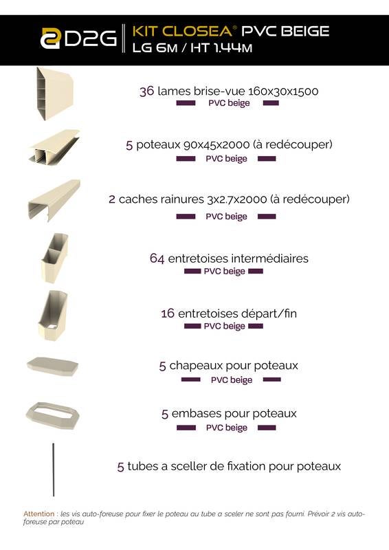 Kit cloture - Lame 16cm - PVC Beige - LG: 6m x H: 1m44 - 4