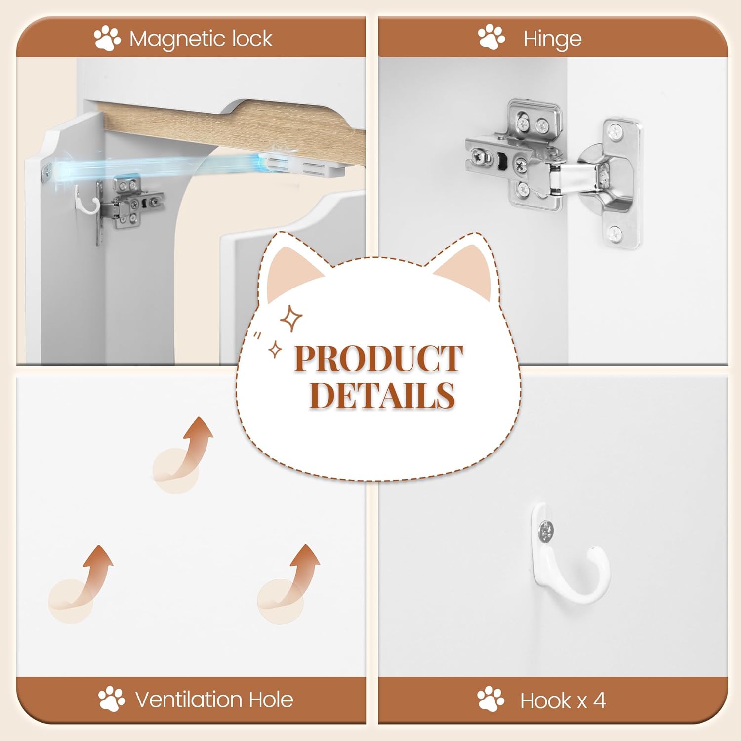 Armário para caixa de areia para gatos para 2 gatos, com entrada lateral, para ocultar a maioria das caixas de areia, carvalho branco e branco. - 5