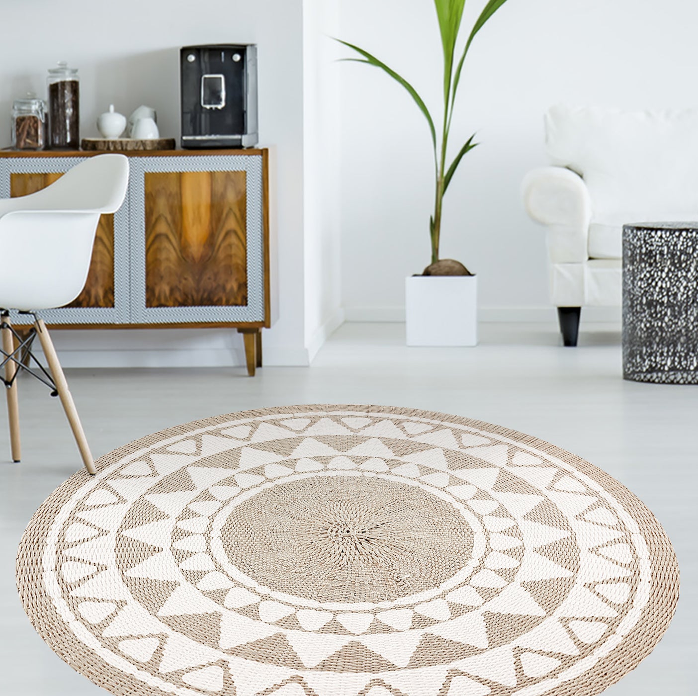 Tapis antidérapant en vinyle Khamba rattan [Diam] 200 cm - PVC imprimé, lavable, ignifuge, pour le salon ou la cuisine - 2