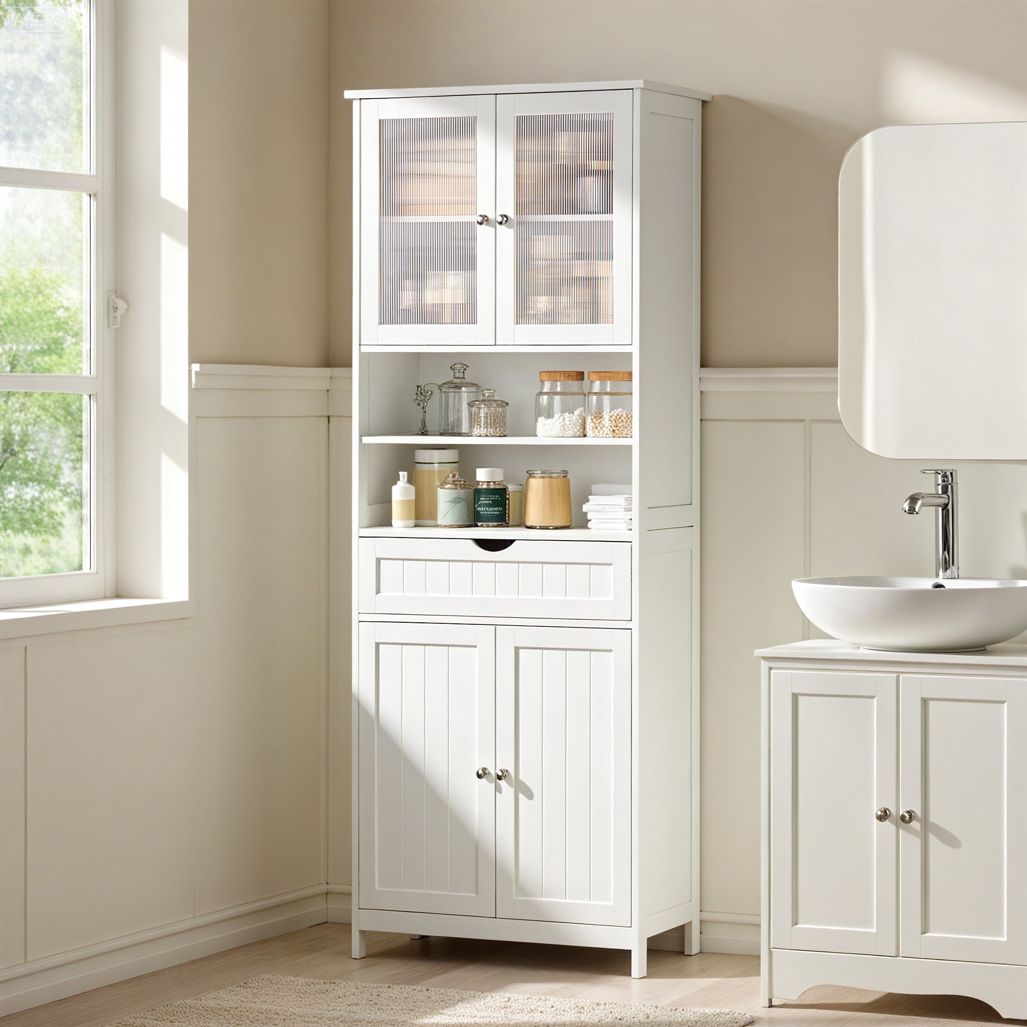 Armoire de Rangement Haute avec Étagères Réglables, Placard et Tiroir, pour Salle de Bains, Cuisine, Salon, Blanc - 2